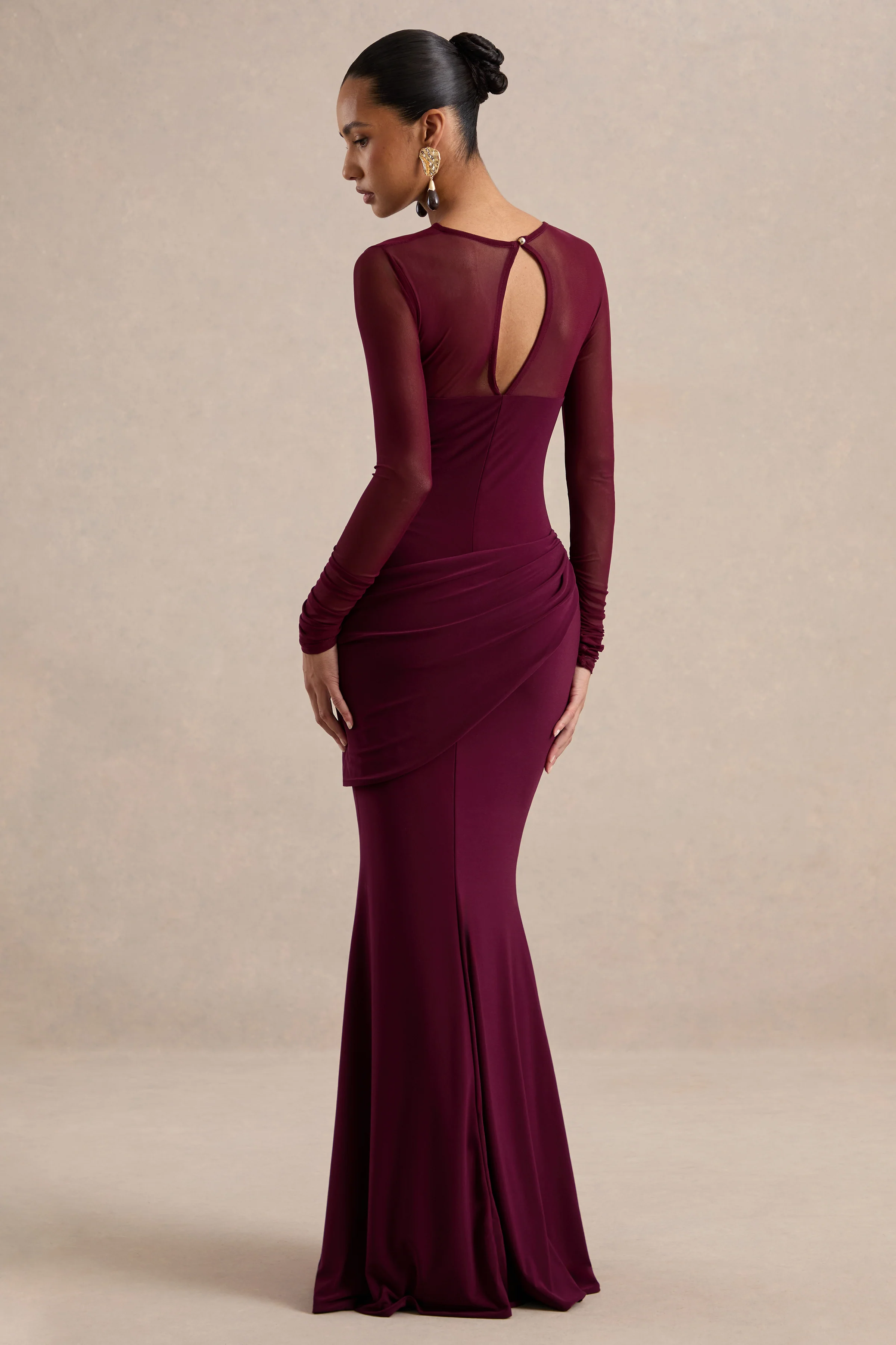 Deema | Burgundy Jersey High Neck Long Sleeve Maxi Dress With Ruching