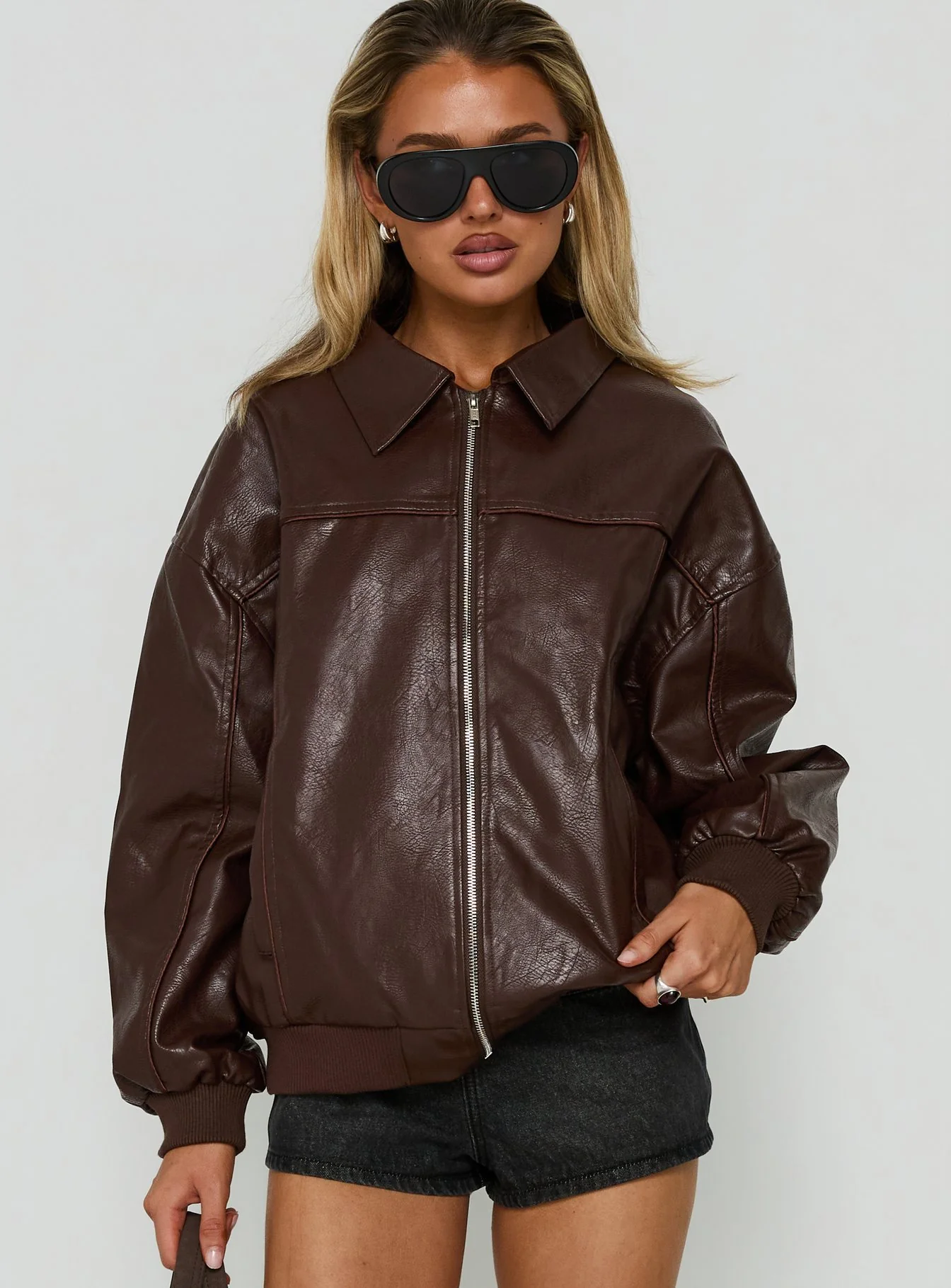 Goldsmith Faux Leather Bomber Jacket Brown