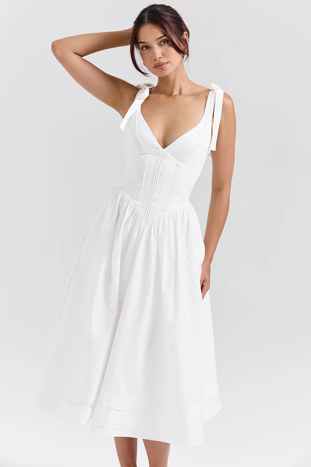 white pin tuck cotton midi sundress