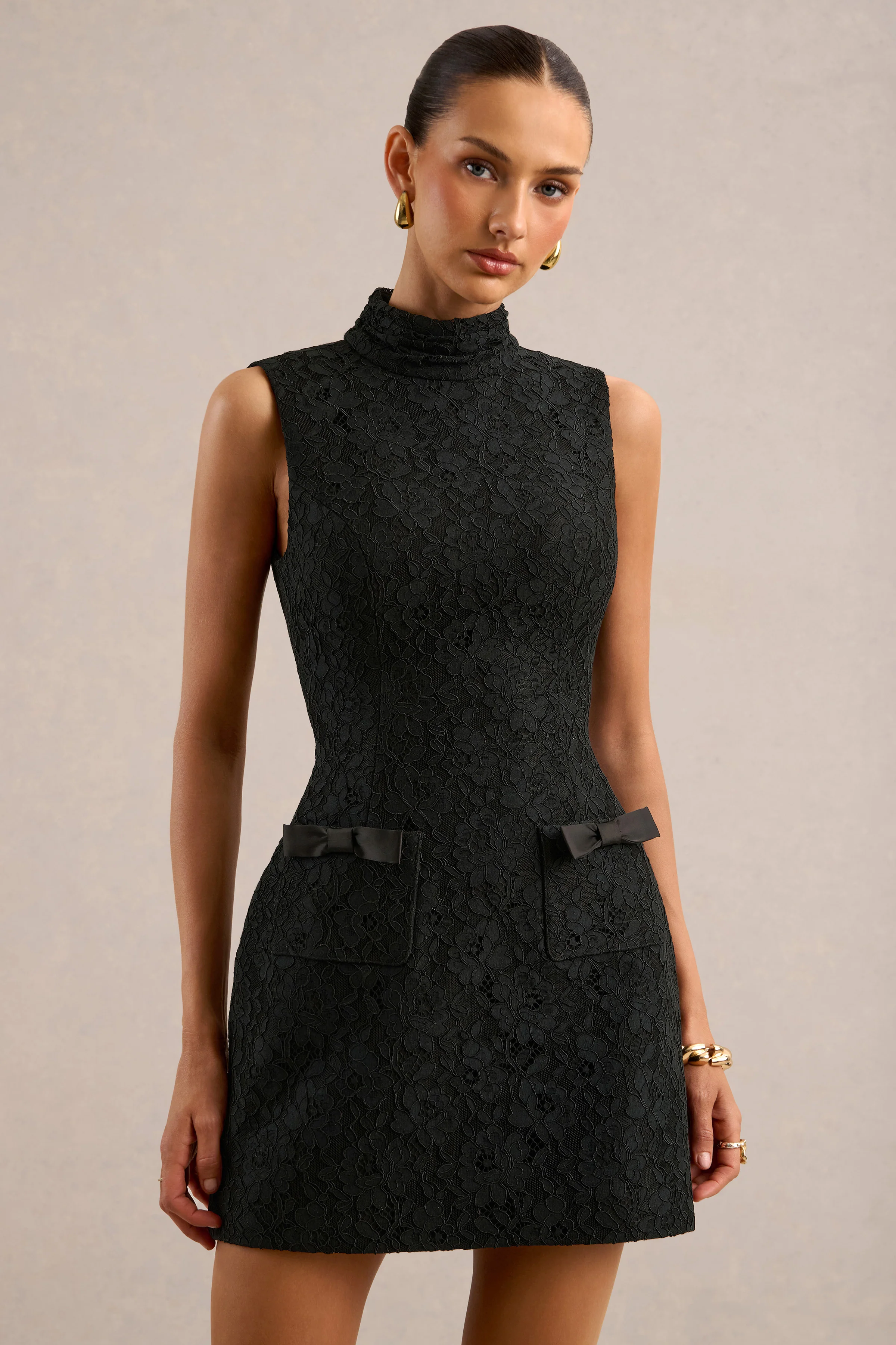 Cielle | Black Lace High Neck Mini Dress With Bow Detailing
