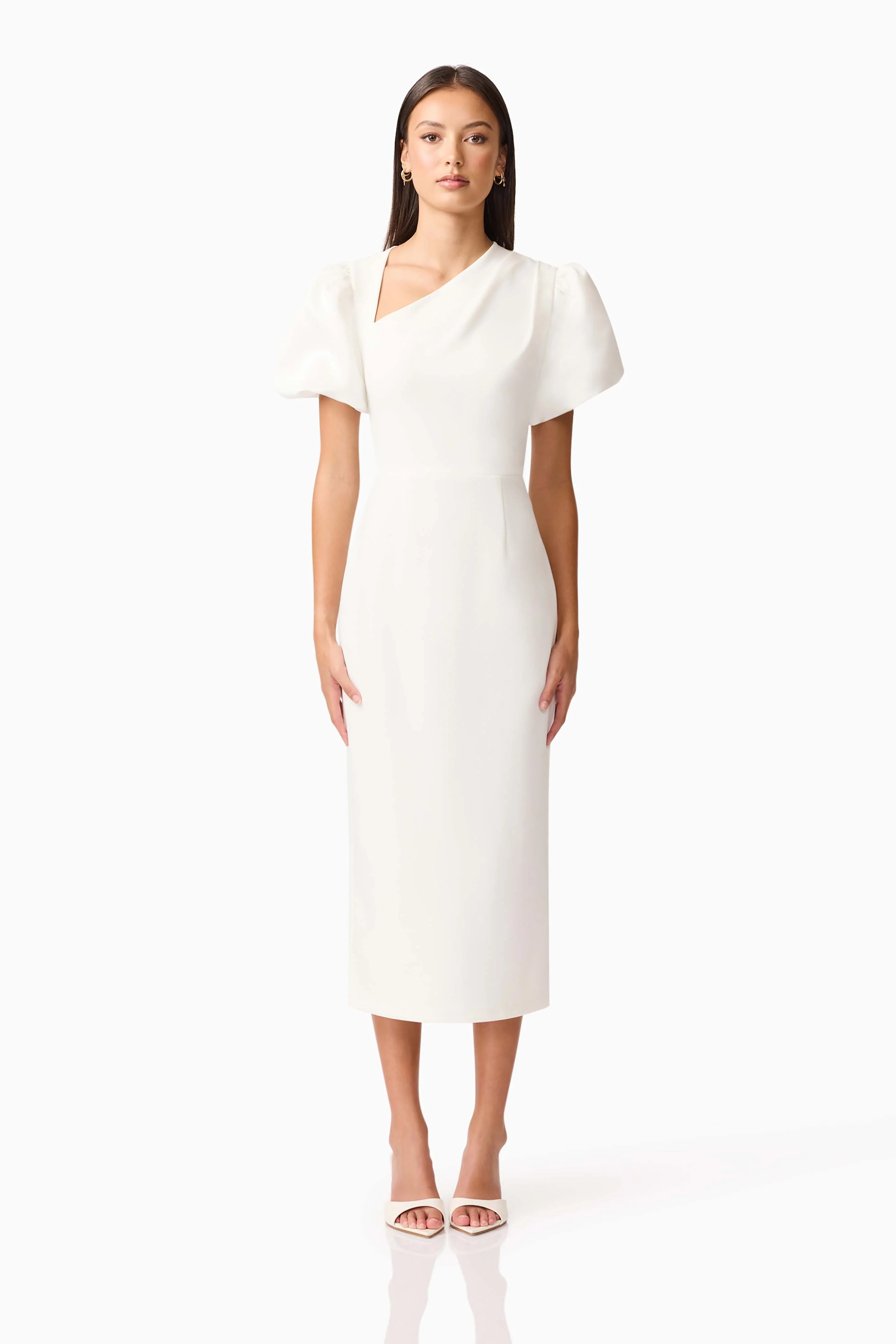 Hester Puff Sleeve Midi Dress in White
