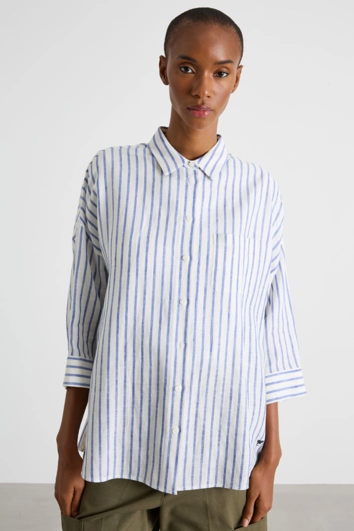Three-quarter-sleeve linen shirt - WIHTE BLUE