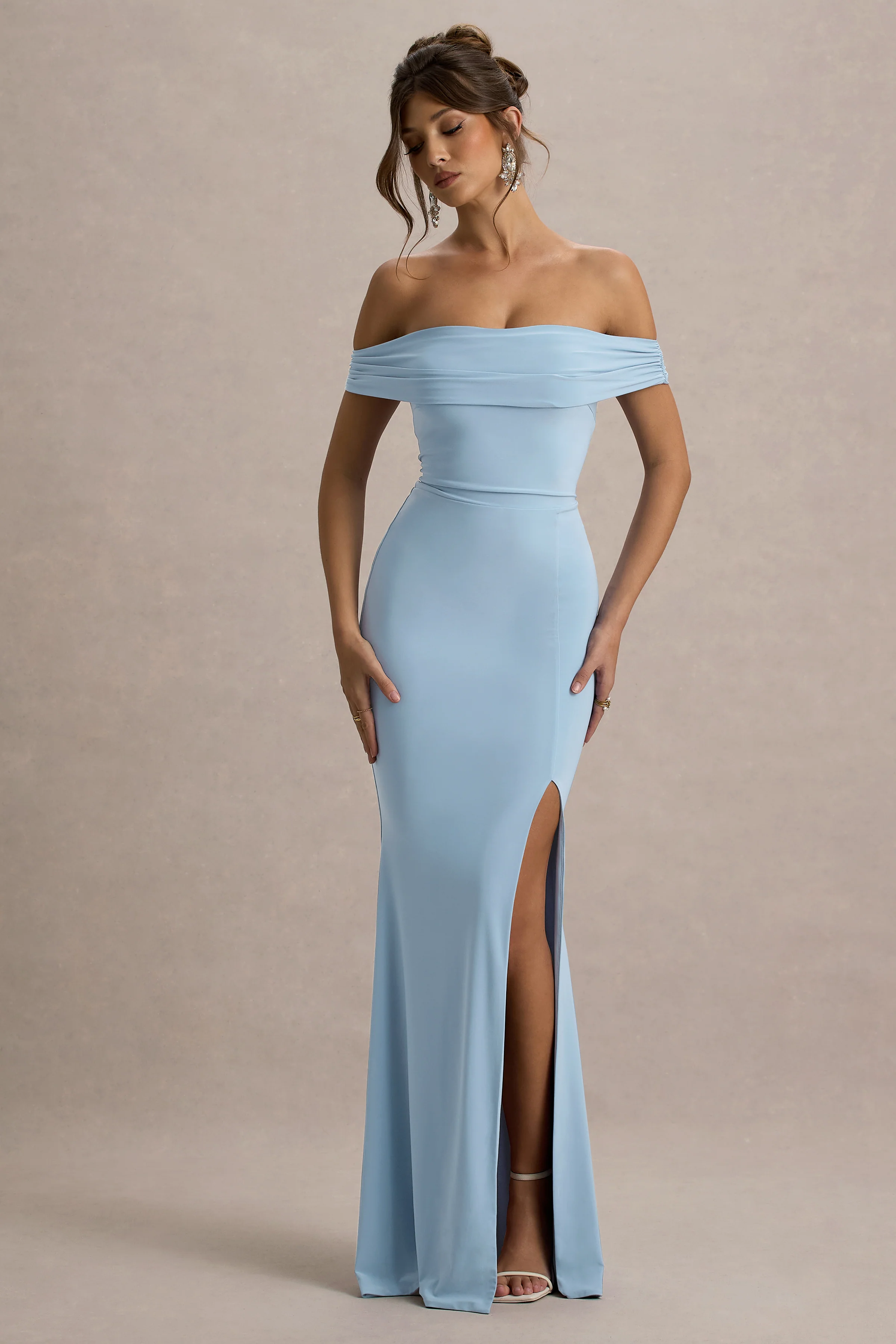 Law of Attraction | Powder Blue Bardot Draped Split Maxi Dress