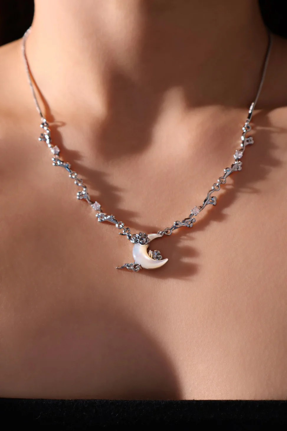 Palladium White Gold Plated Diamonds Natural Shell Moon Necklace