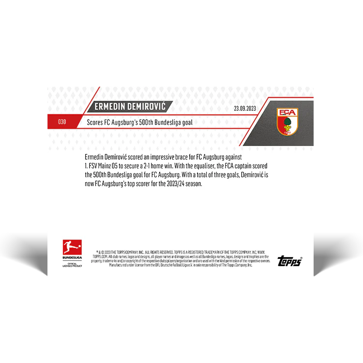 Topps UK - Ermedin Demirović - Scores FC Augsburg's 500th Bundesliga goal - Bundesliga TOPPS NOW® Card #30