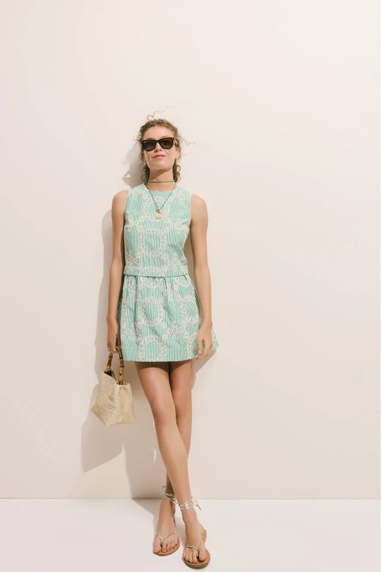 Green Stripe Vintage Embroidery Paige Mini Dress