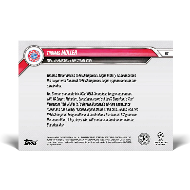 Thomas Müller - UEFA Champions League Record: Most appearances for single club - 24/25 UCC TOPPS NOW® Card 12