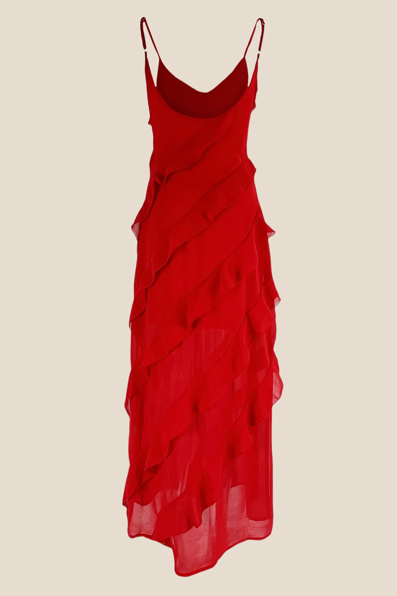 Straps Red Ruffle Sheath Long Dress with Slit