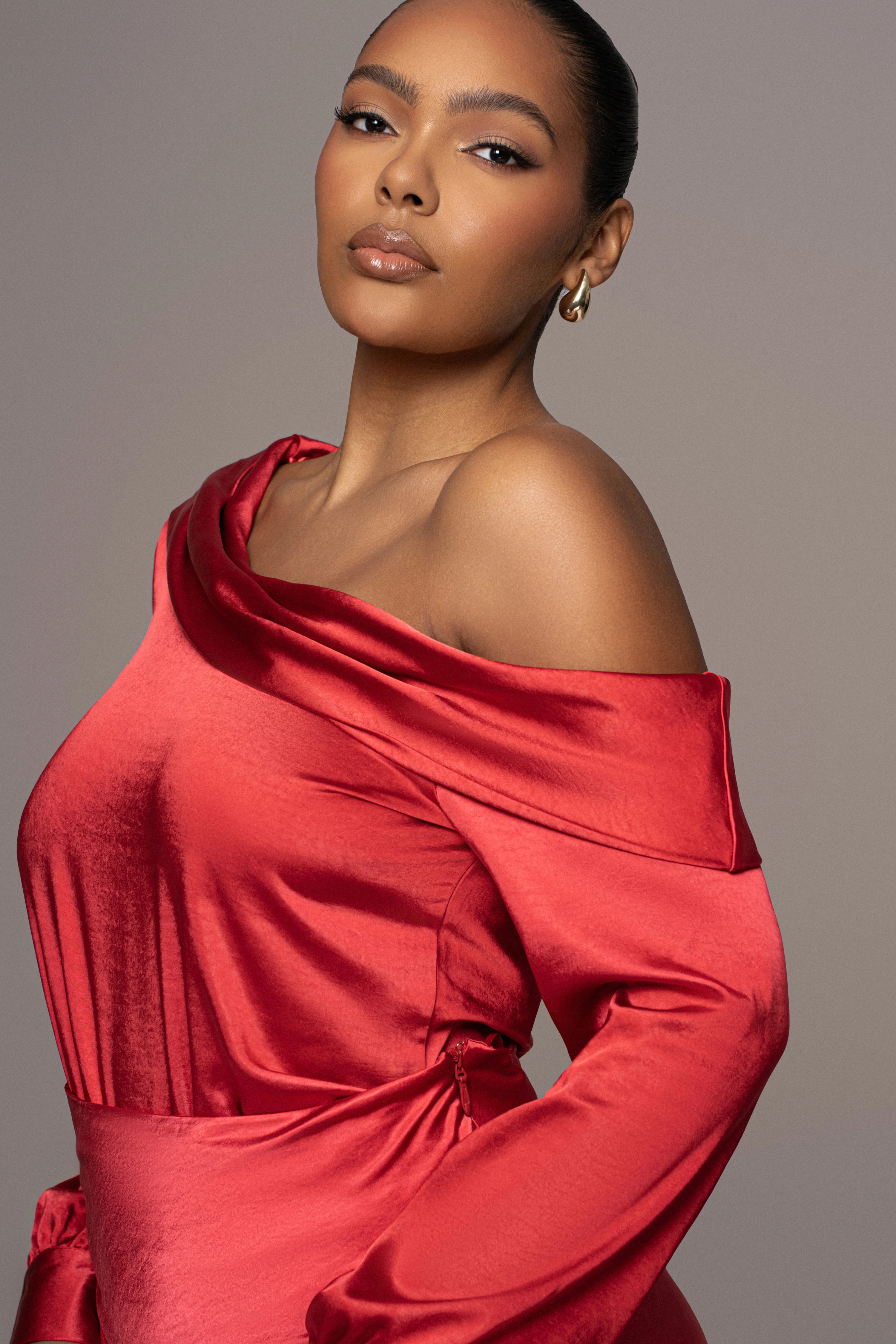 Red Satin Rima Asymmetrical Bodysuit