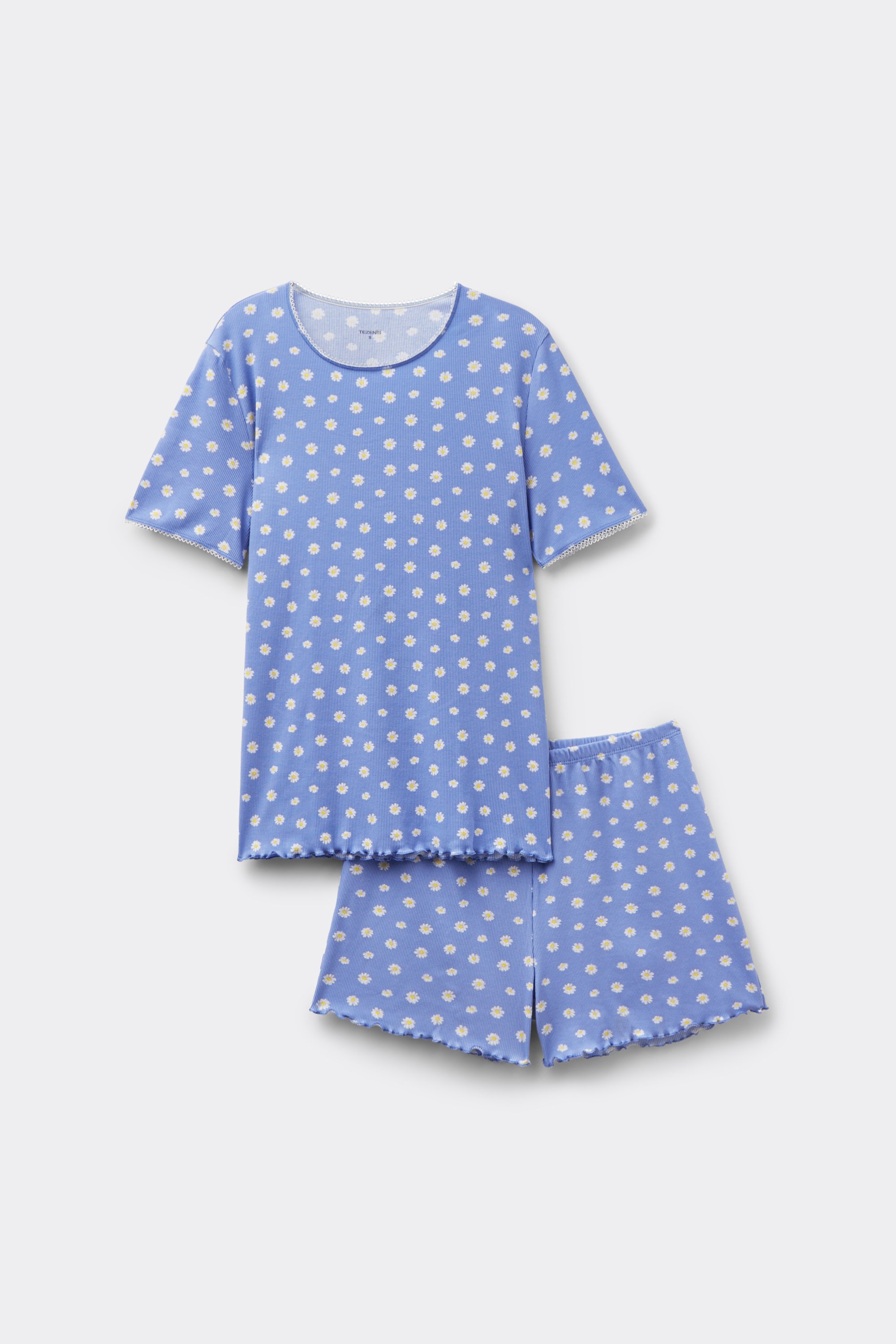 Short Ribbed Cotton Pyjamas with Daisy Print