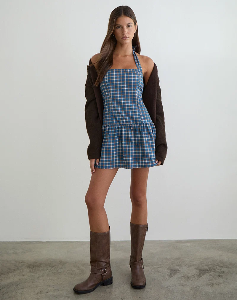 Panja Mini Halter Neck Dress in Medium Tartan Blue