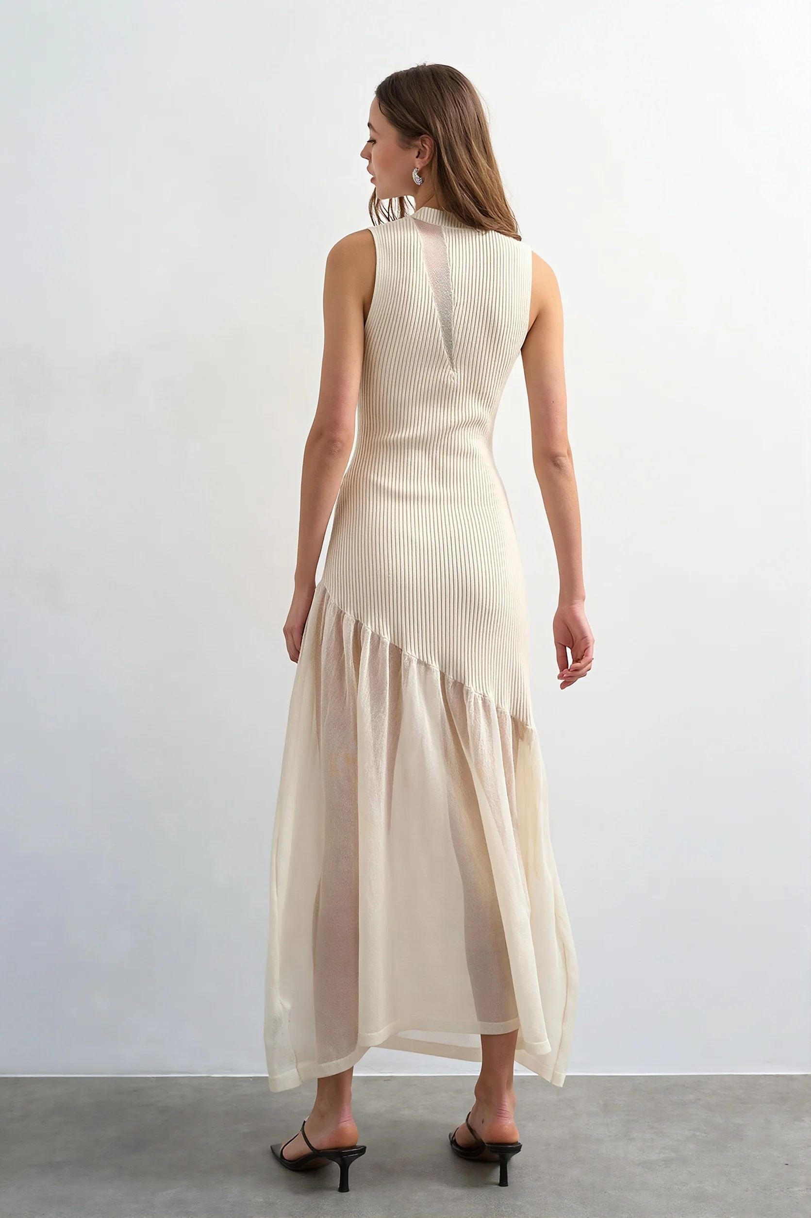 Ribbed Knit Mesh Splice Maxi Dress