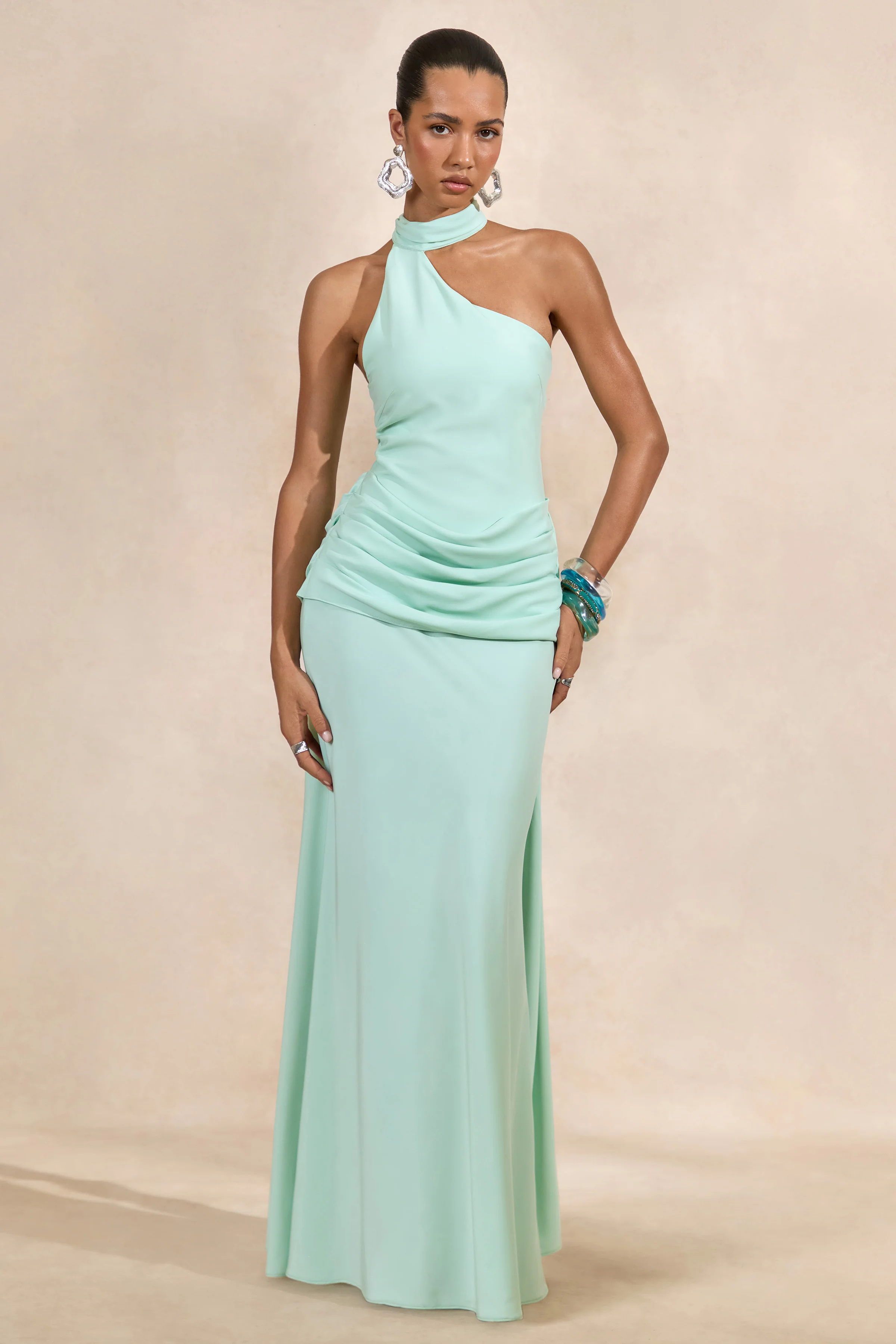 Aevina | Mint Satin Asymmetric-Neck Maxi Dress With Scarf-Detail
