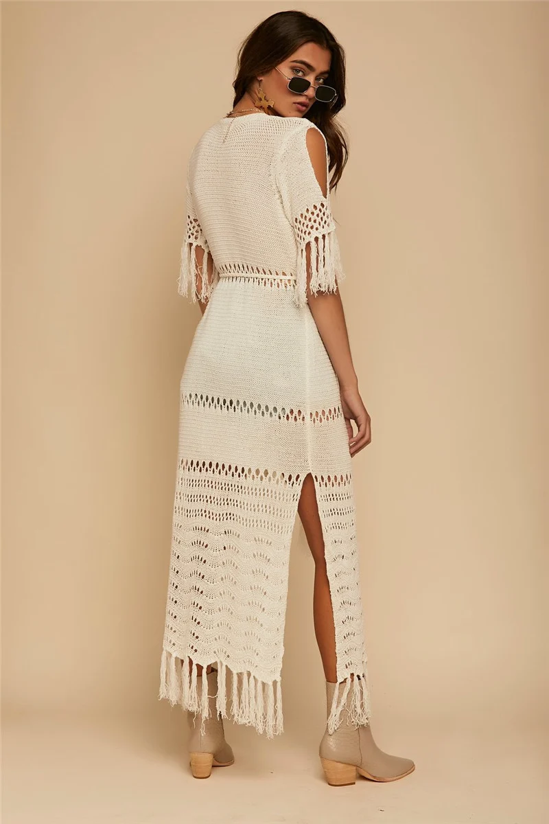 Hollow Knit Fringe Maxi Cover Up