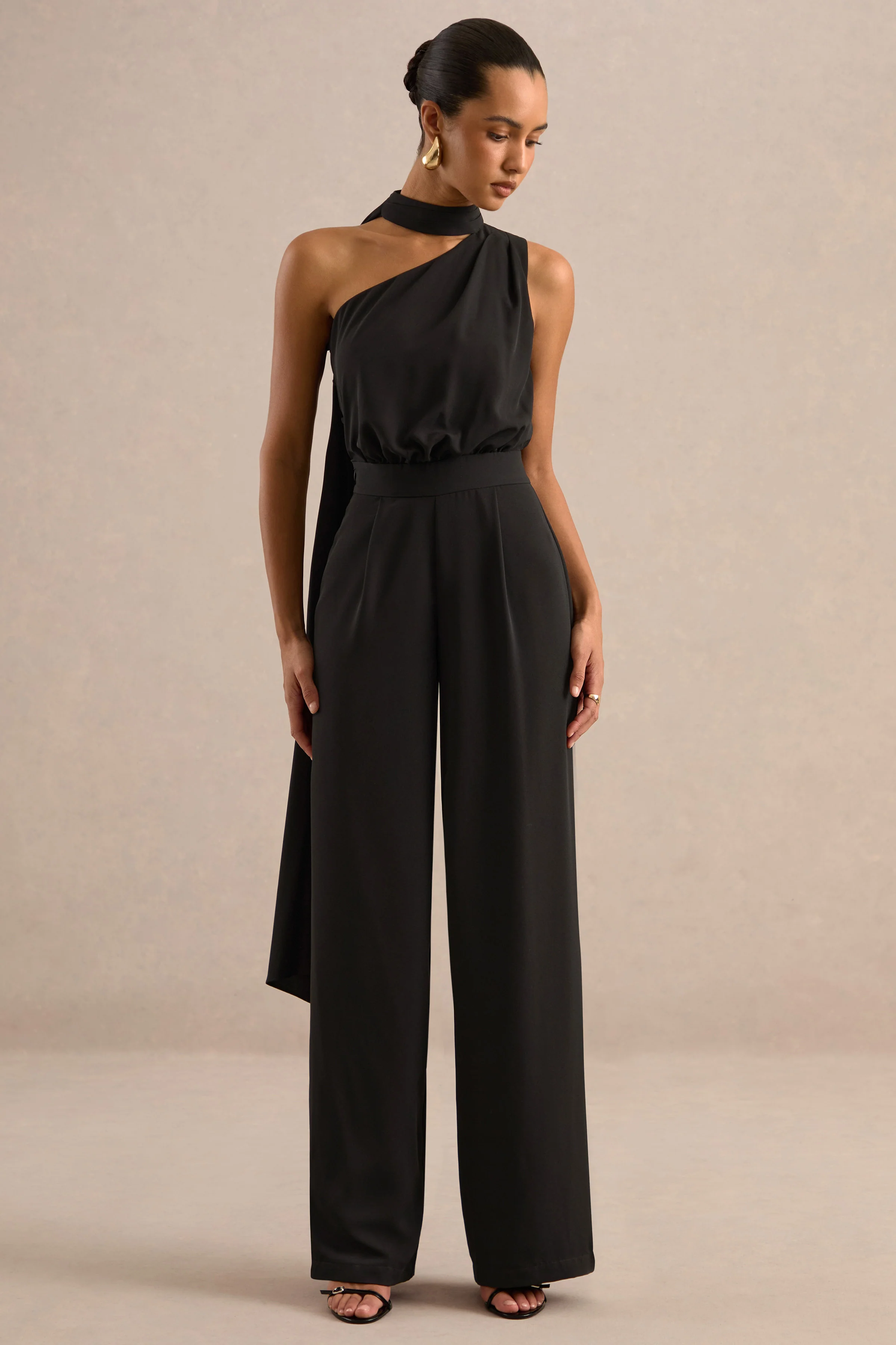Gliselle | Black One Shoulder Jumpsuit With Scarf Detail
