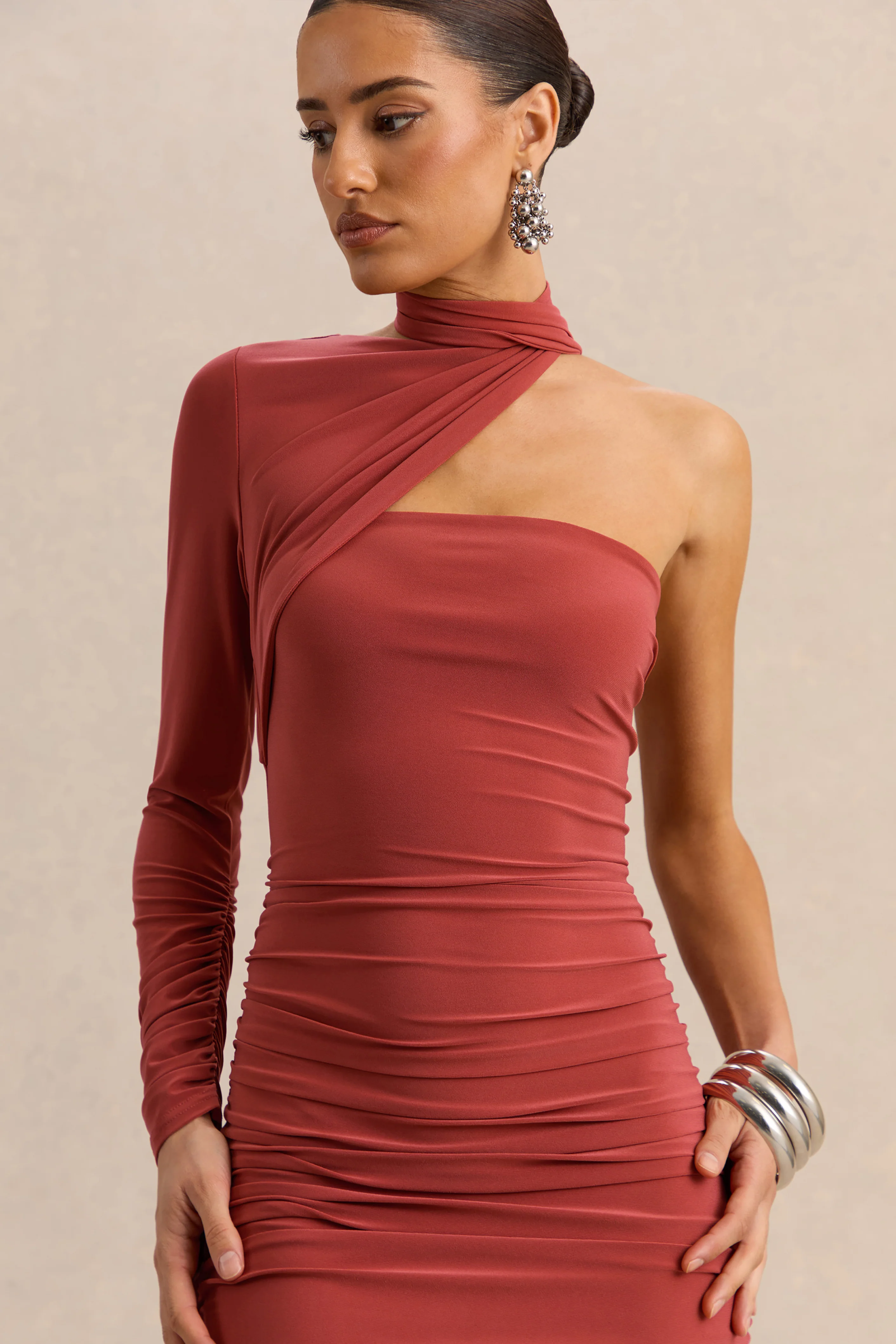Cerisia | Rust Jersey One Sleeve Maxi Dress With Ruching and Sash