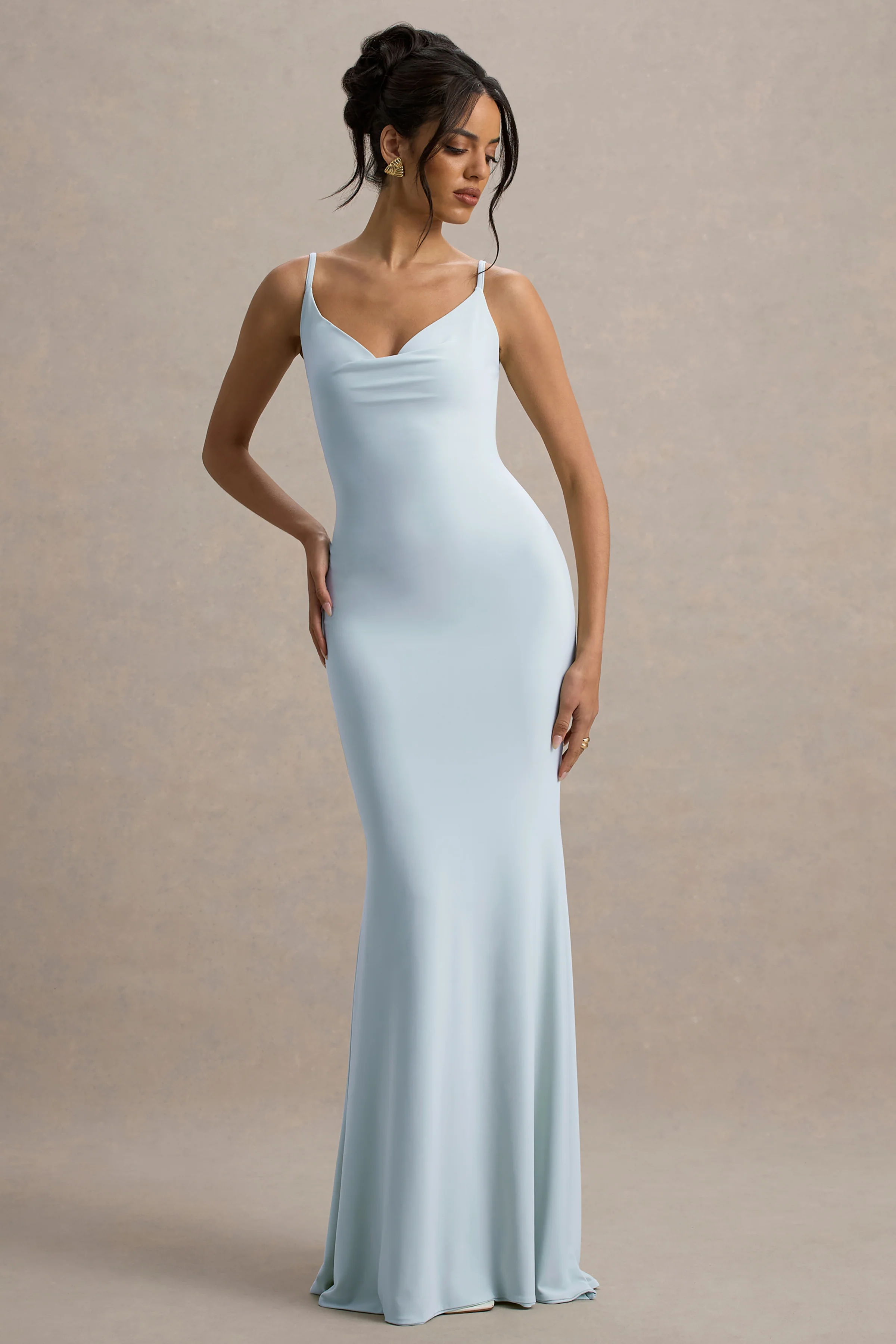 Francoise | Light Blue Cowl Neck Backless Maxi Dress With Lace Insert