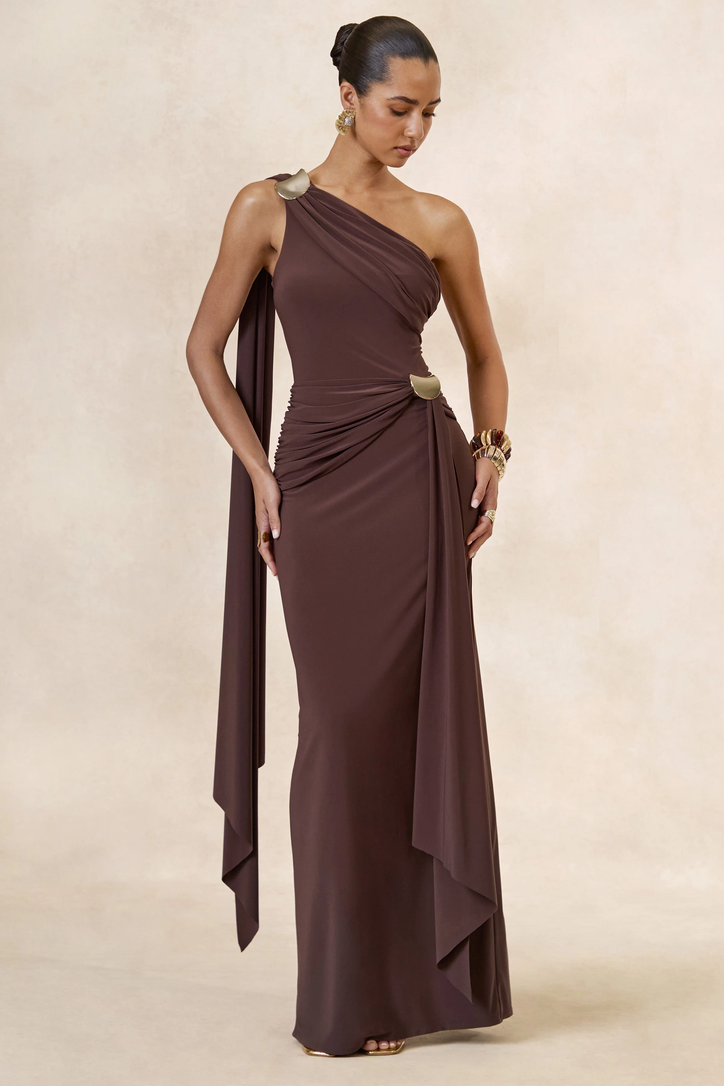 Sariah | Dark Brown Asymmetric-Neck Maxi Dress With Gathered Detailing