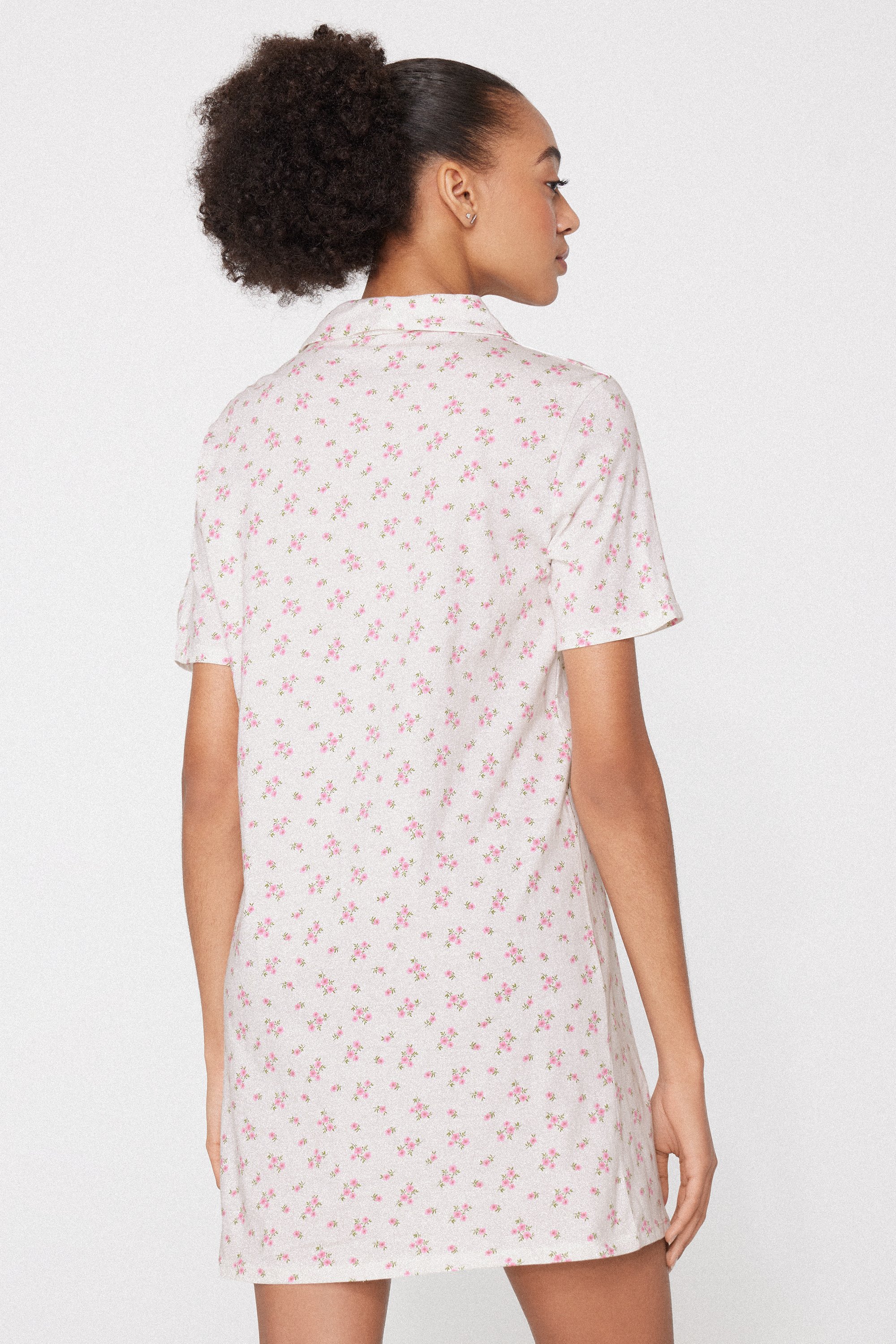 Button-Front Cotton Nightgown with Micro Flower Print