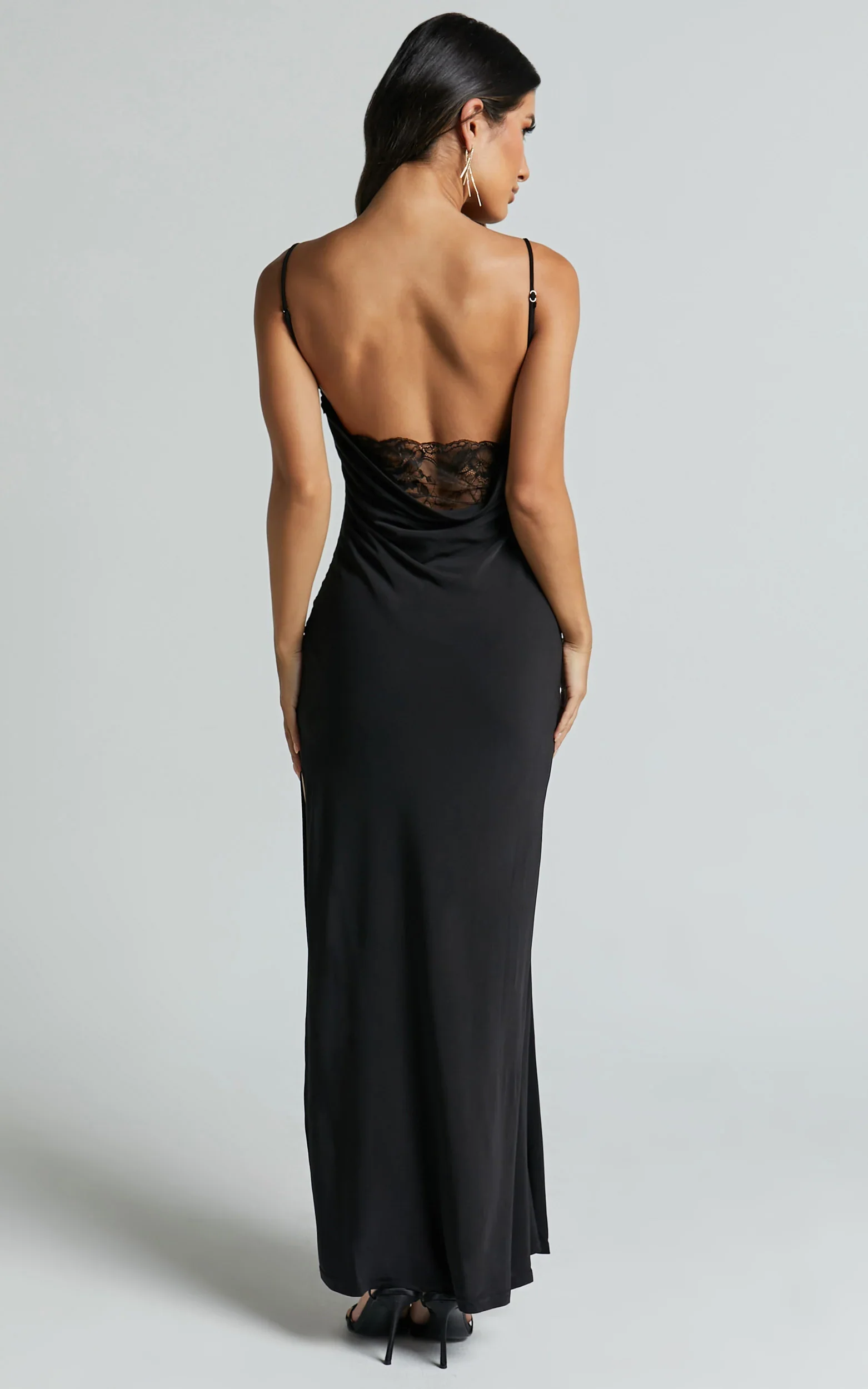 Carrie Maxi Dress - Cowl Back Lace Insert Dress in Black
