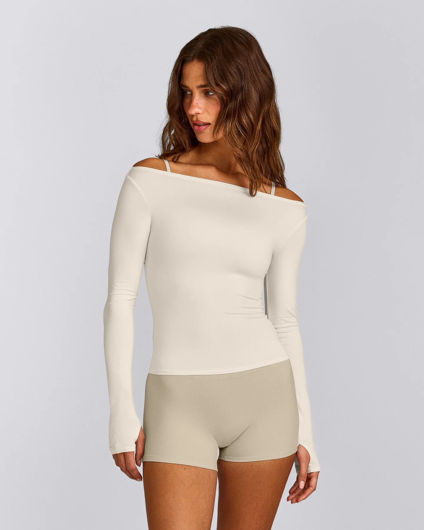 FormeSoft™ Fitted Off-The-Shoulder Long Sleeve Top | Marshmallow White