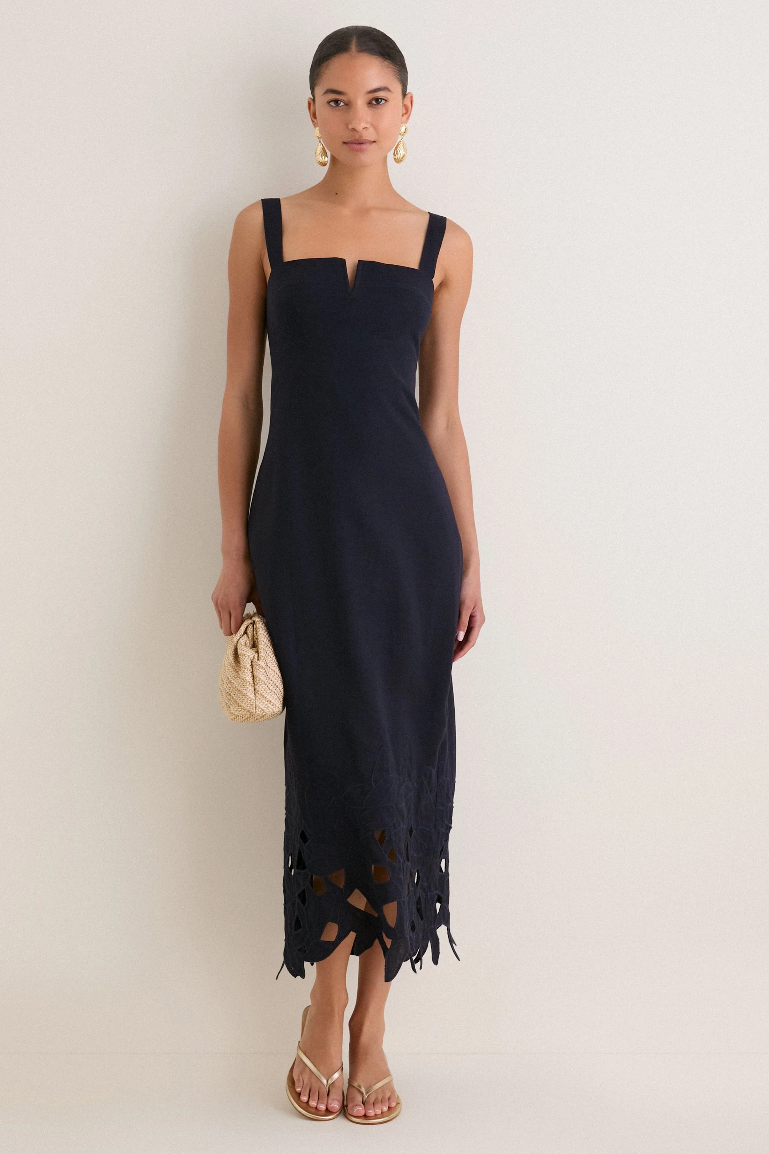 Navy Embroidered Linen Alma Midi Dress