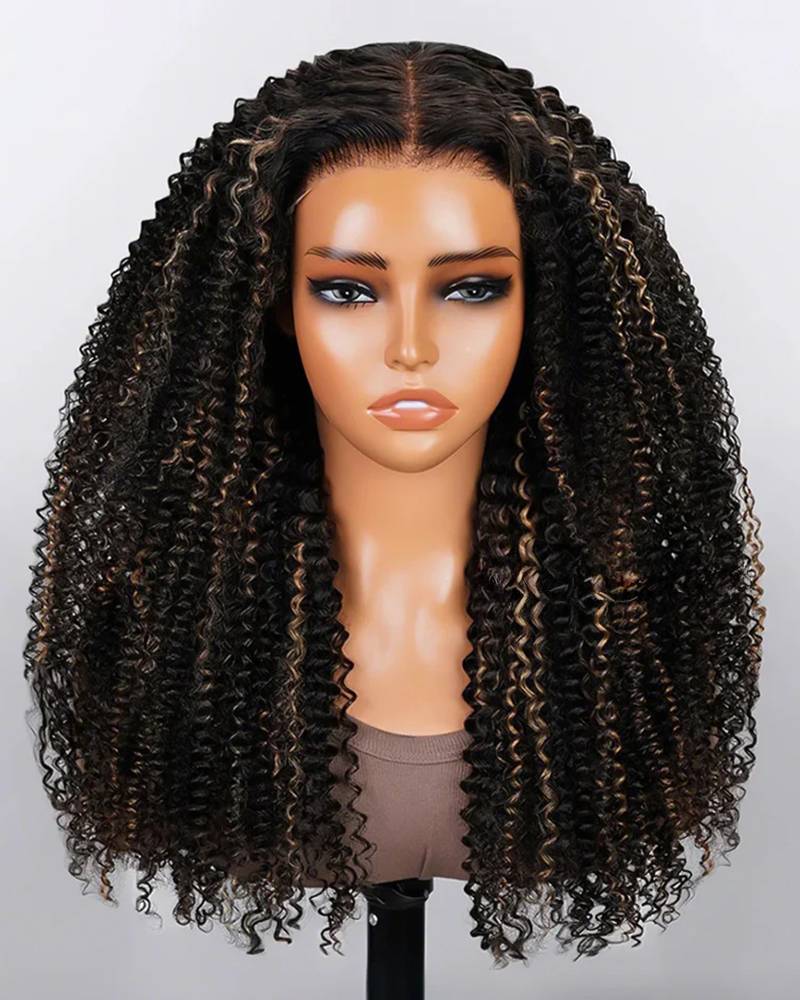 Ophirawig 6x5 invisible knots Glueless Honey Blonde Highlights On Black Kinky Curly Wig Pre-cut Lace Beginner Friendly