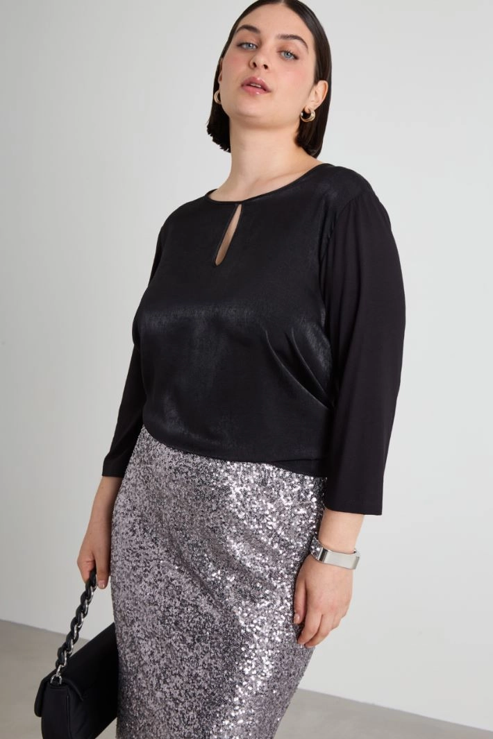 Jersey and satin T-shirt - BLACK