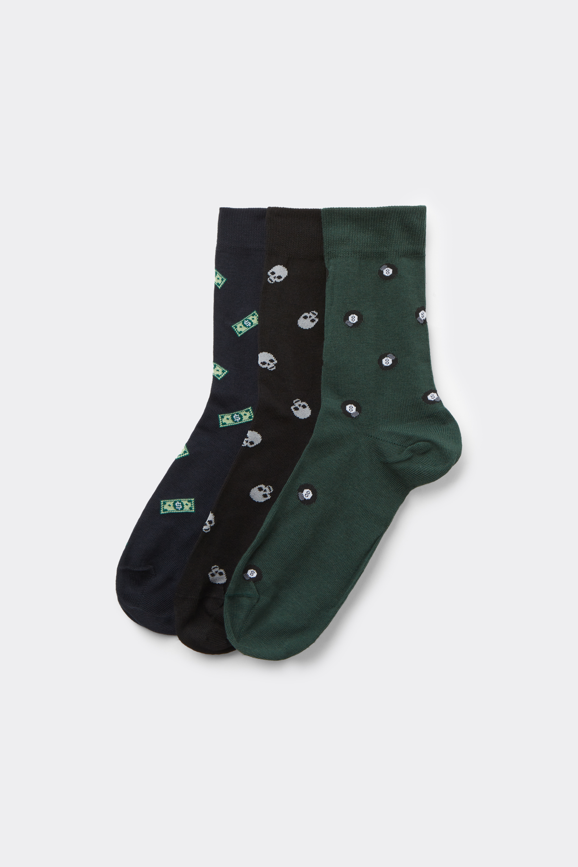 Three Pairs of Men's Short Patterned Hemless Cotton Socks