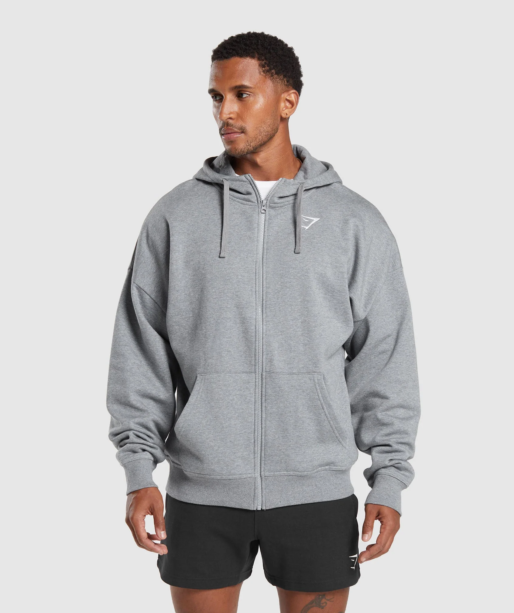 Crest Oversized Zip Up Hoodie Charcoal Grey Marl