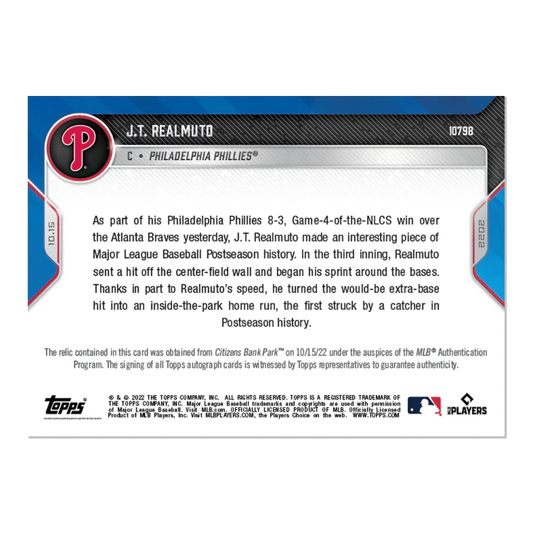 On-Card Auto-Relic # to 49 - J.T. Realmuto - 2022 MLB TOPPS NOW® Card 1079B