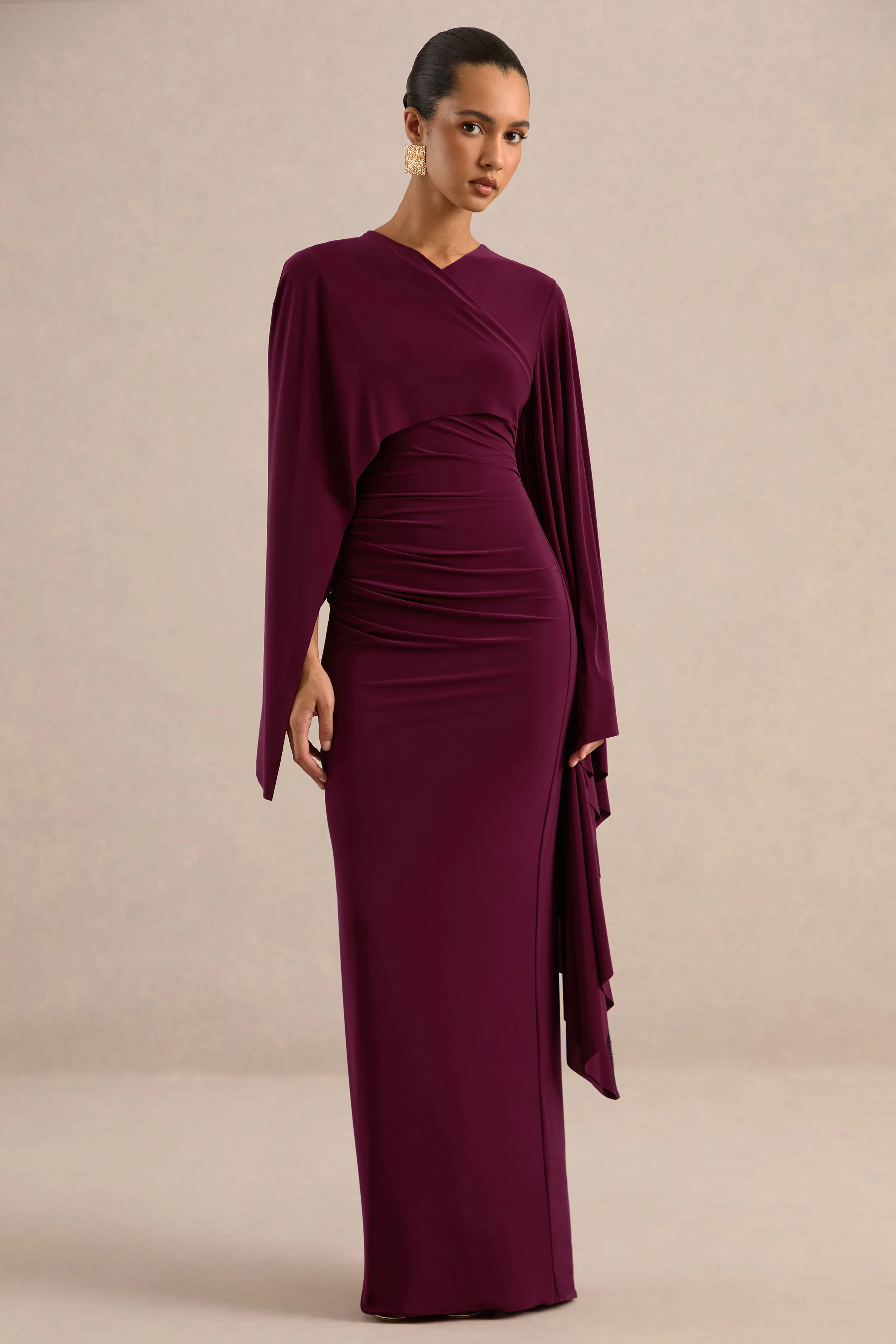 Fervora | Burgundy Jersey Round Neck Maxi Dress With Cape Sleeves And Back Split