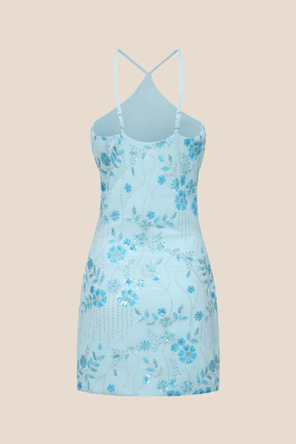 Blue Halter Beaded Fitted Short Dress