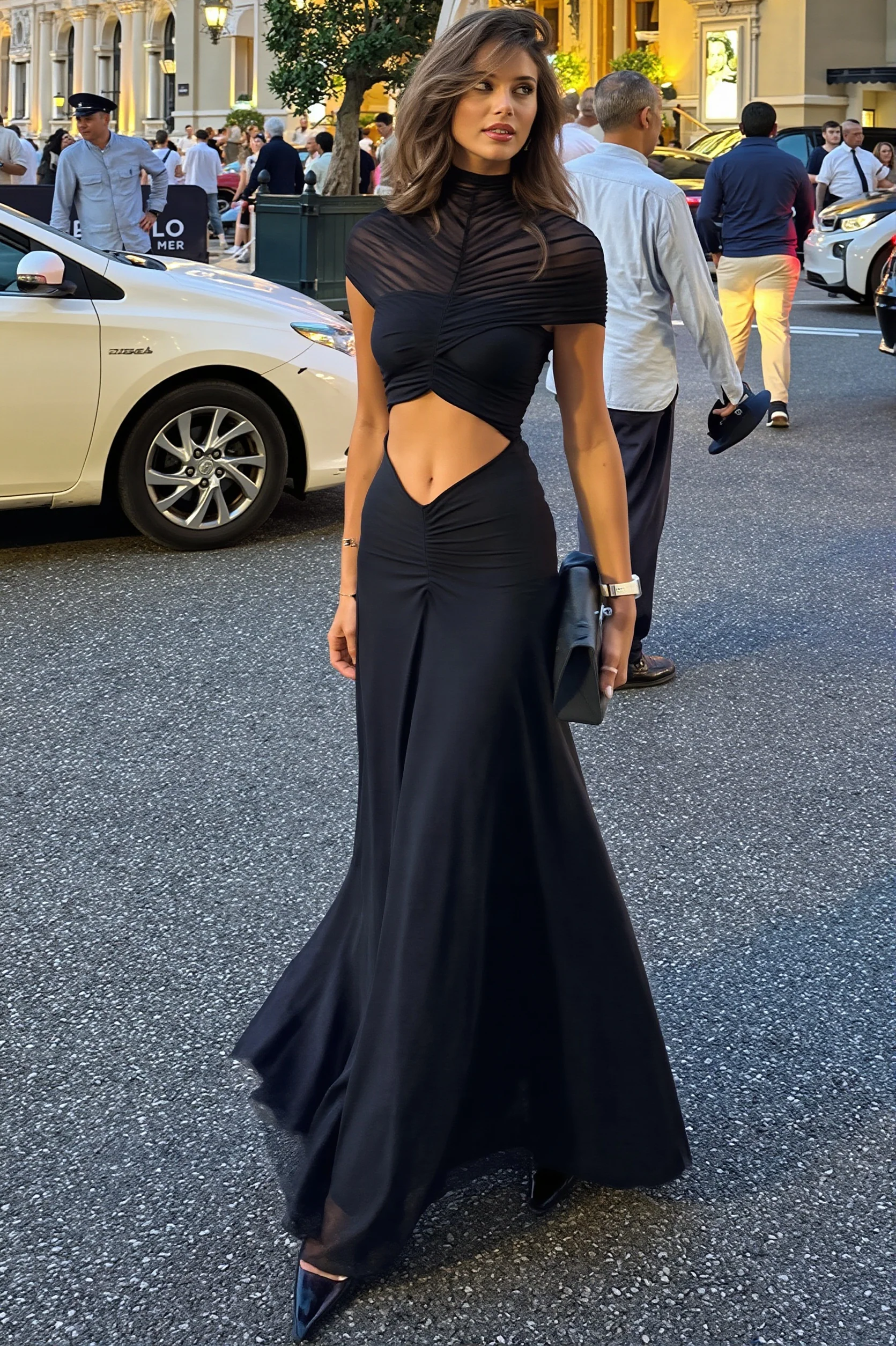Elegant Chic Solid Mock Neck Cape Sleeve Ruched Maxi Dress