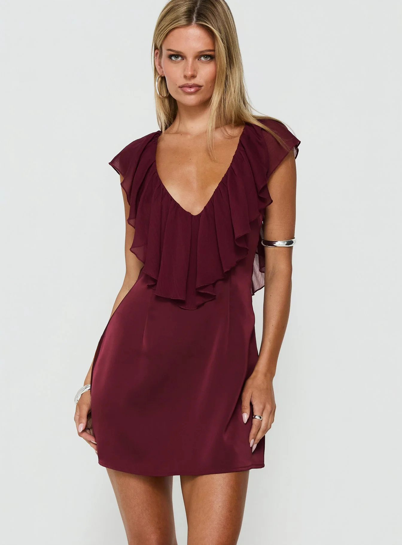Madibelle V Neck Frill Mini Dress Wine