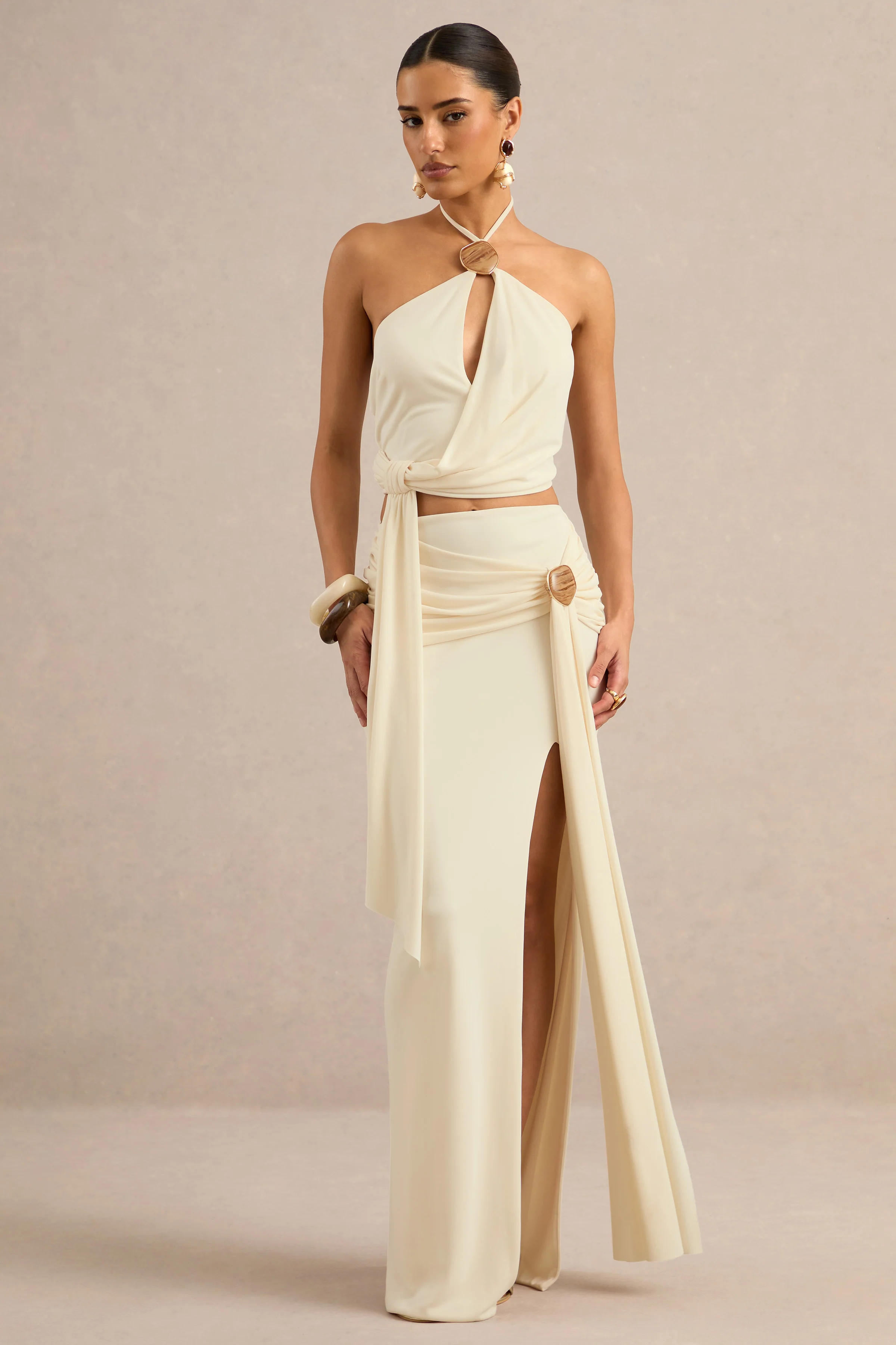 Liviana | Cream Maxi Skirt With Gathered Detailing And Gold Detail