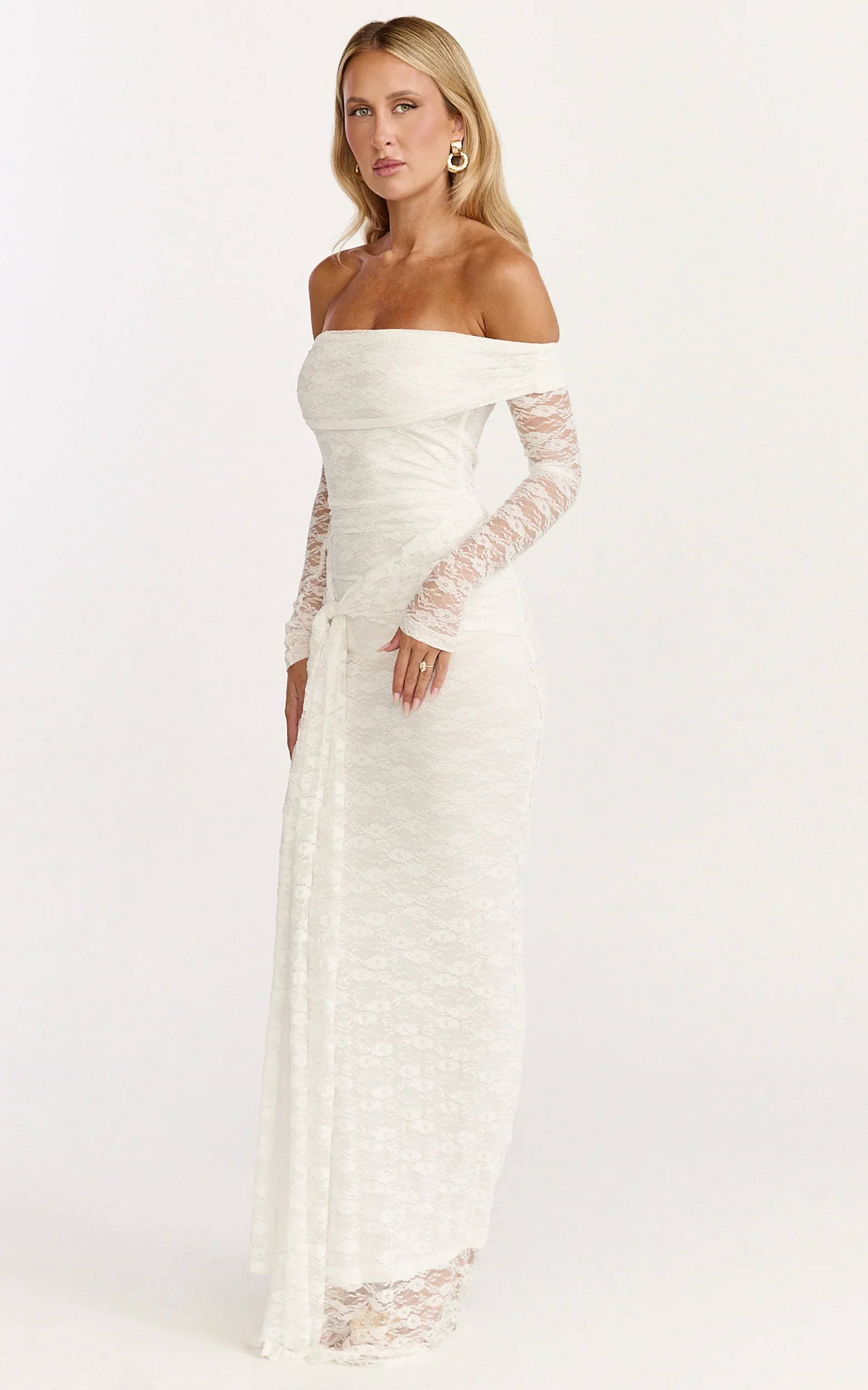 Melville Maxi Dress - Off Shoulder Long Sleeve Lace Dress in White