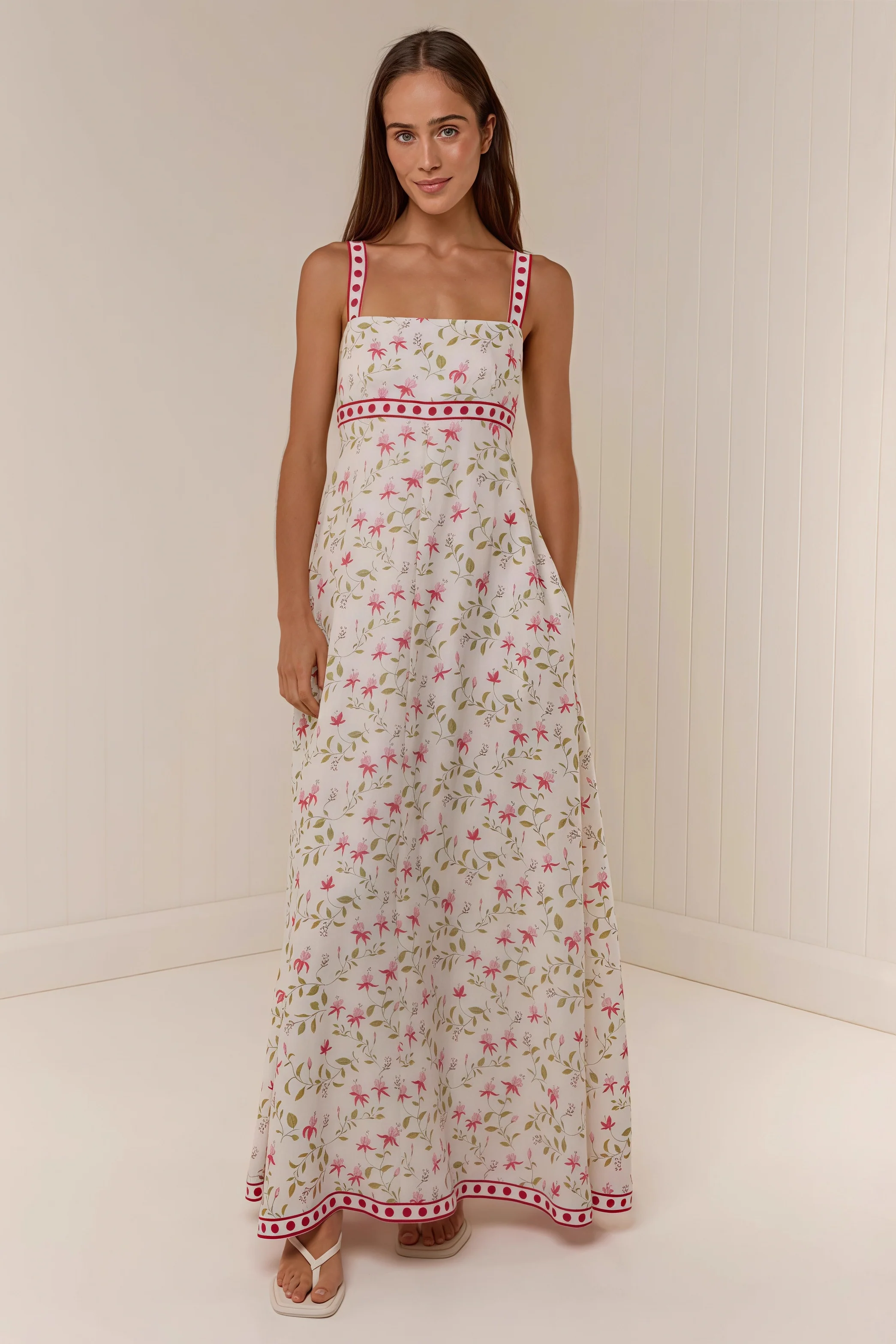 Casual Linen Print Spaghetti Strap Summer Maxi Dress