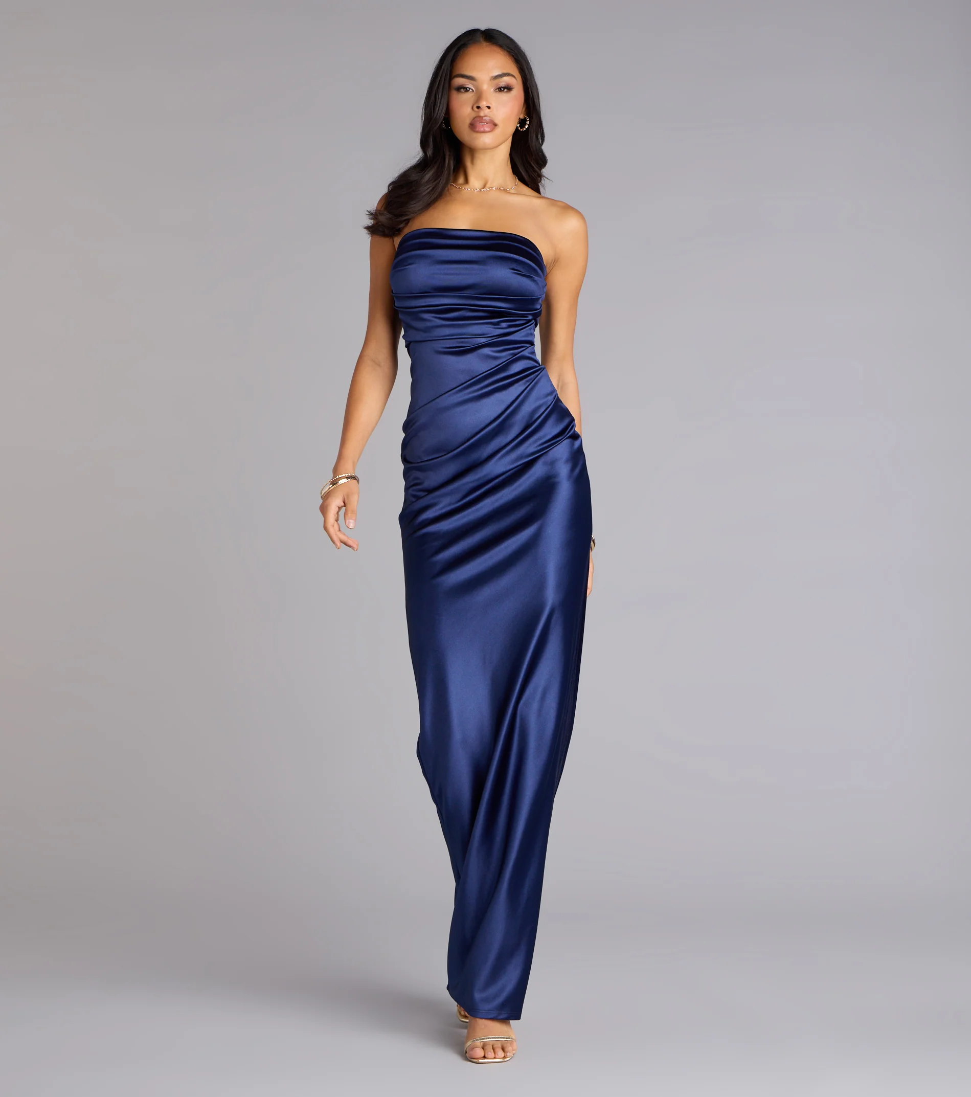 Brianna Satin Strapless High Slit Column Dress