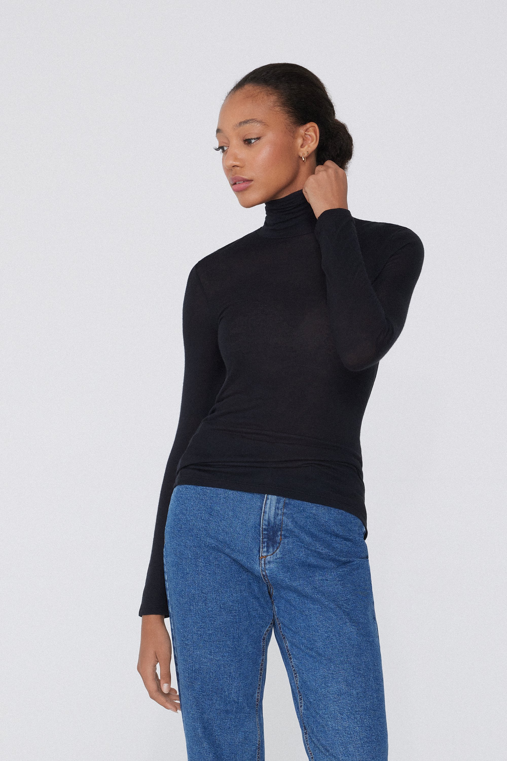 Lightweight Polo Neck Top with Merino Wool