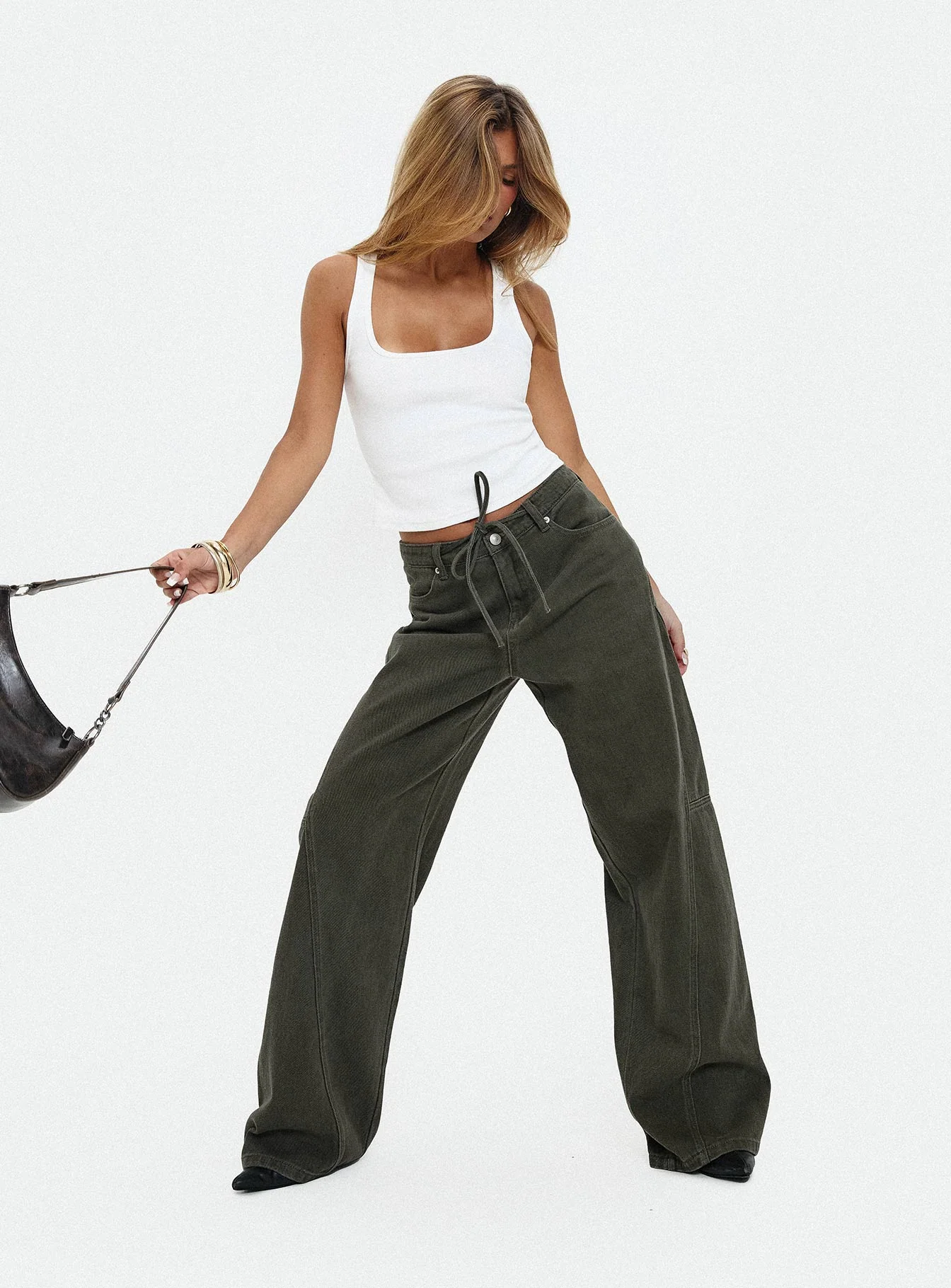 Bruiser Tie Waist Mid Rise Wide Leg Jeans Green