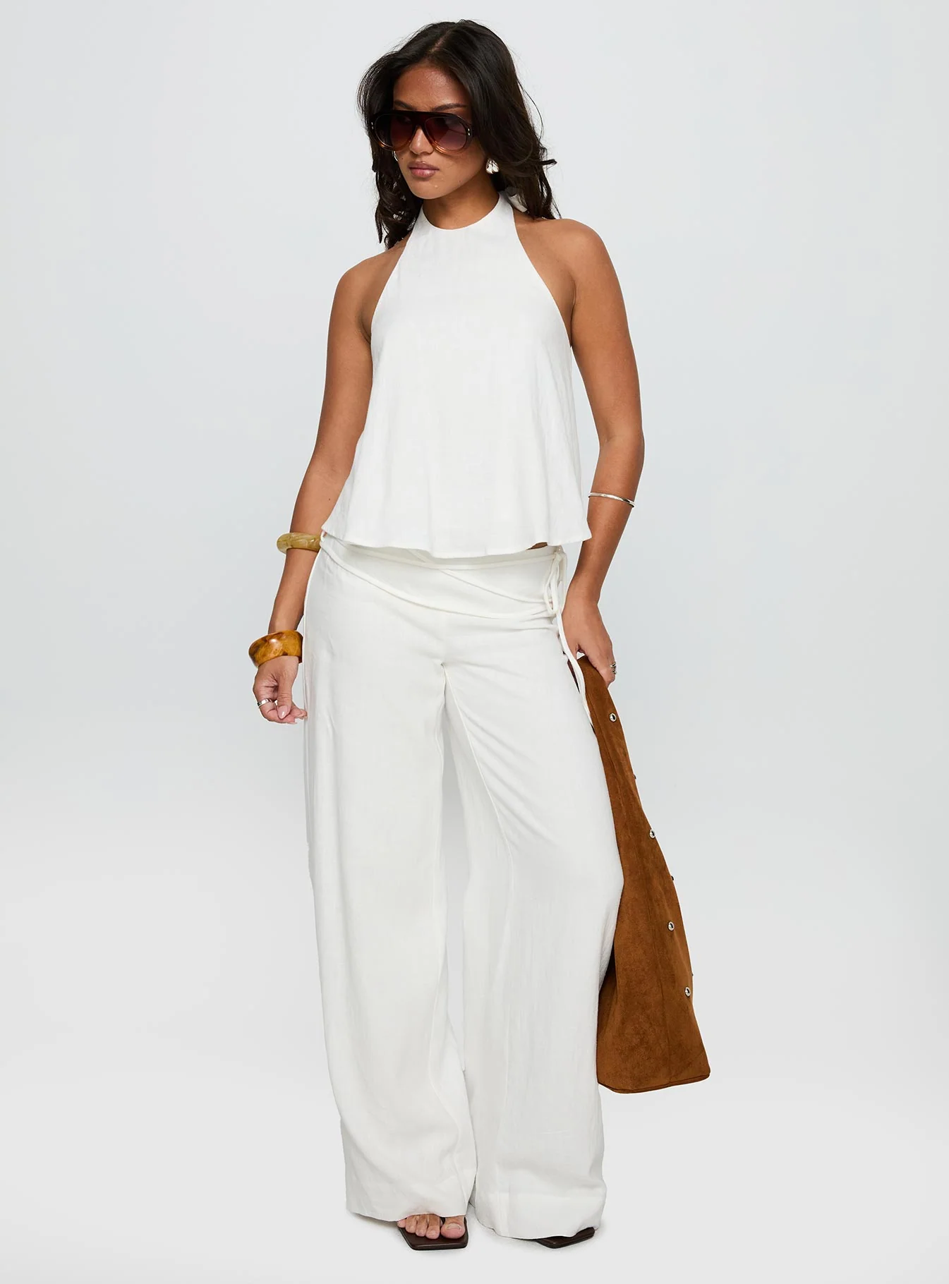 Aquaria Halter Linen Blend Top White