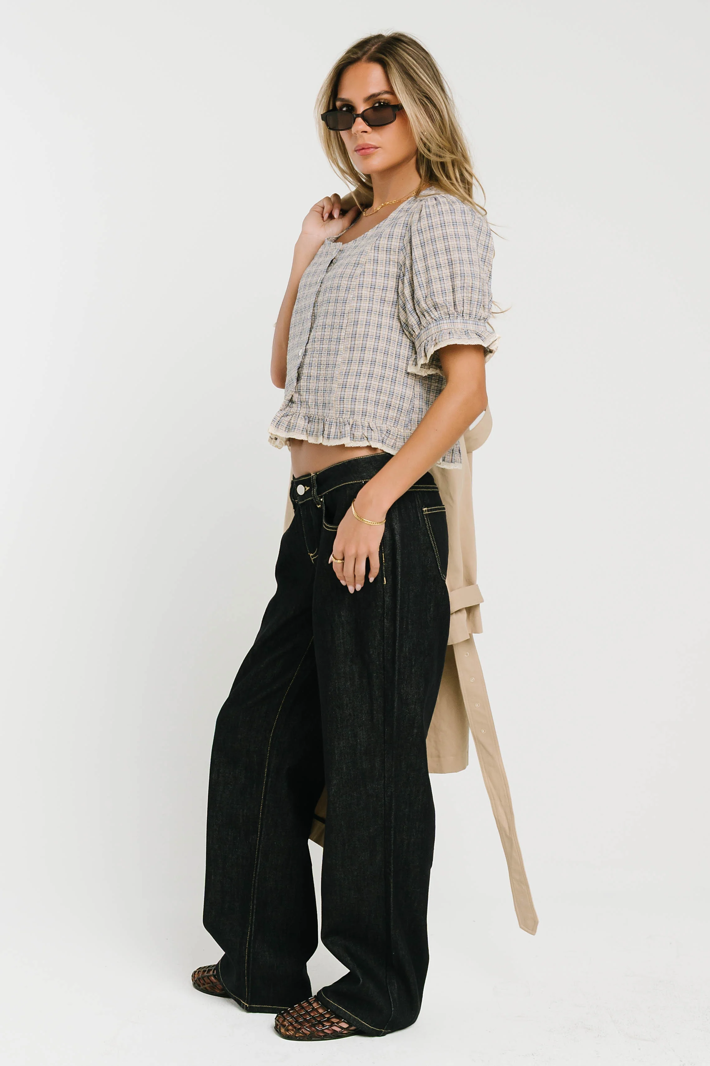 Rachelle Gingham Lace Trim Blouse