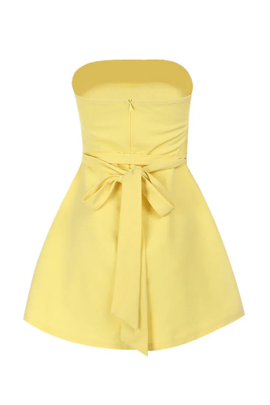 Strapless Yellow Back Tie A-line Short Dress