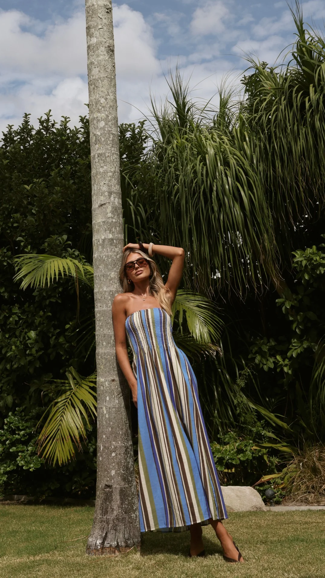 Tierra Strapless Maxi Dress - Blue/Khaki Stripe