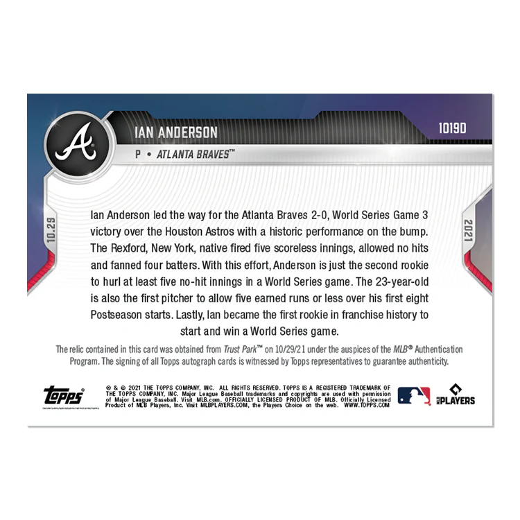 On-Card Auto-Relic # to 10 - Ian Anderson - 2021 MLB TOPPS NOW® Card 1019D
