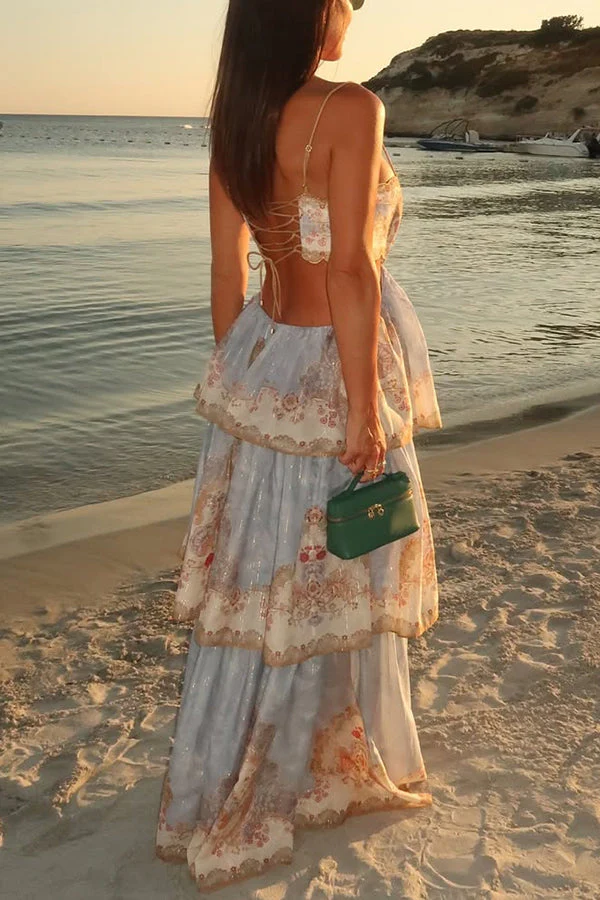 Daylight Unique Print Cutout Waist Back Lace-up Tiered Hem Maxi Dress