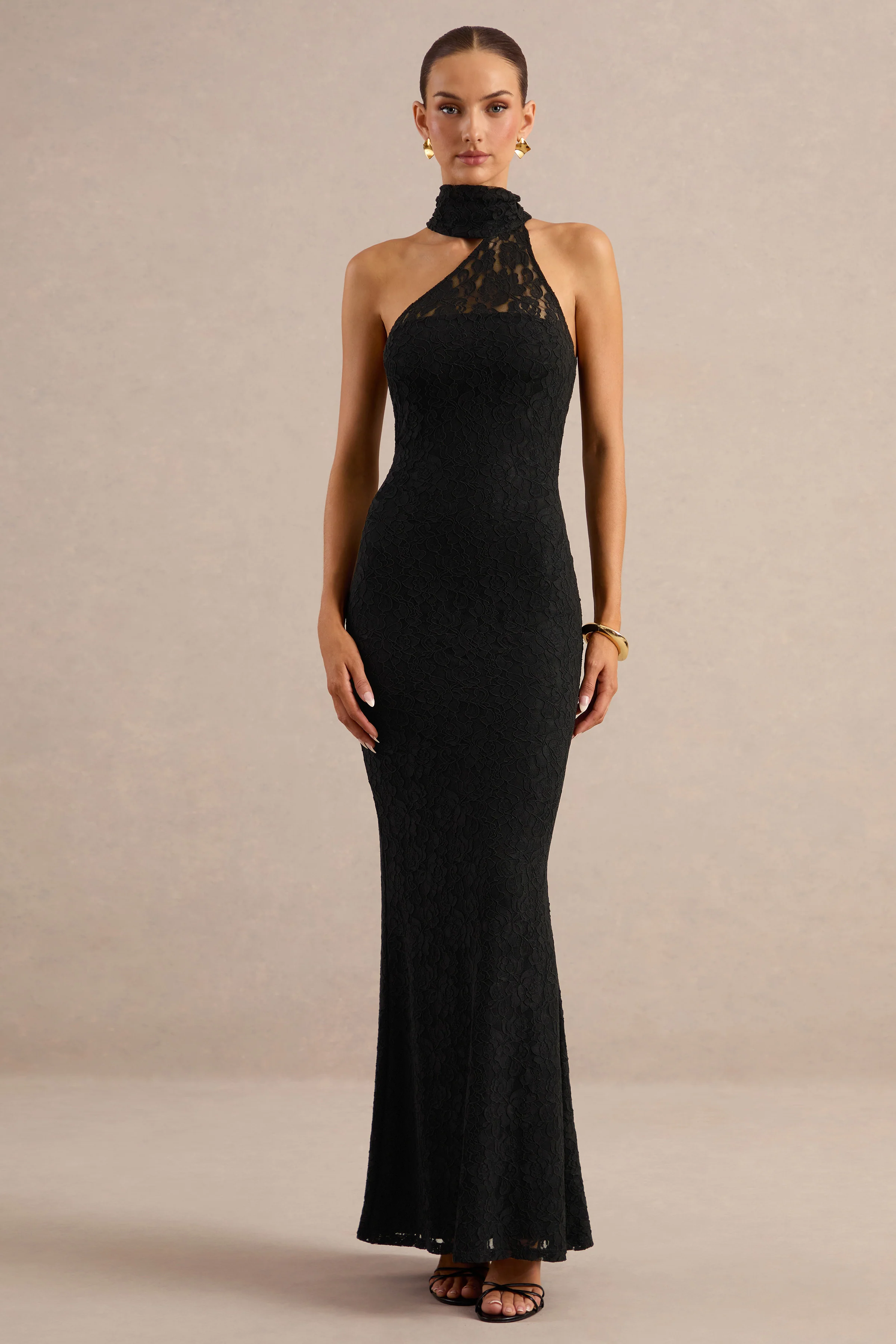 Almaria | Black Lace Asymmetric-Neck Maxi Dress With Collar-Detail