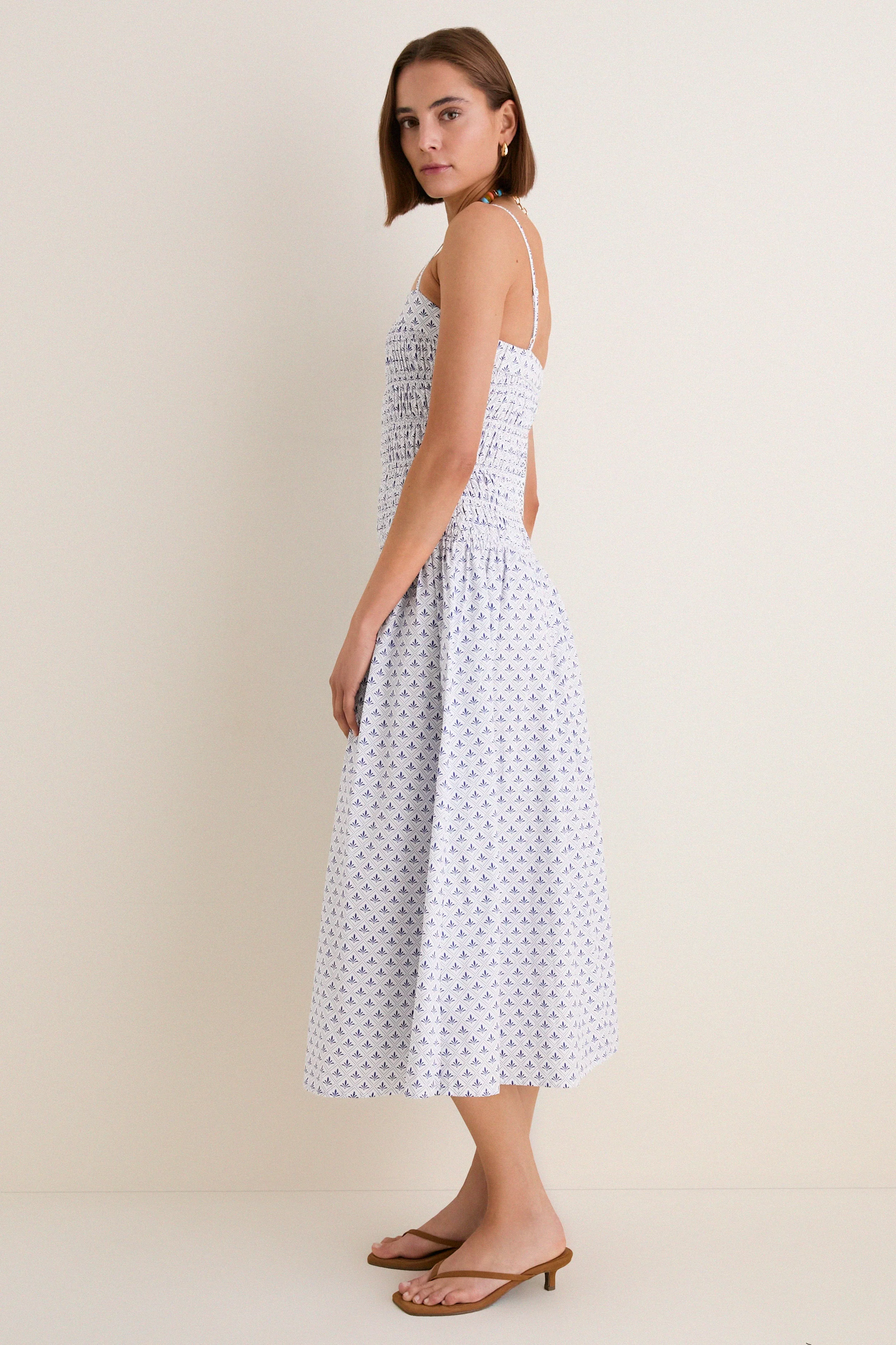 Blue & White Ditsy Tile Smocked Keeley Maxi Dress