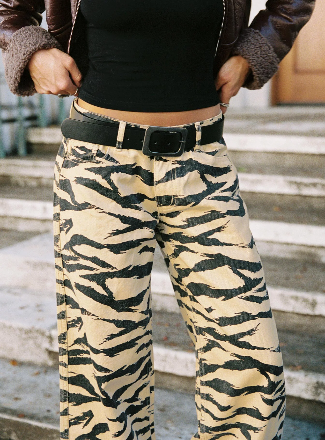 Ramos Low Rise Wide Leg Denim Jeans Tiger